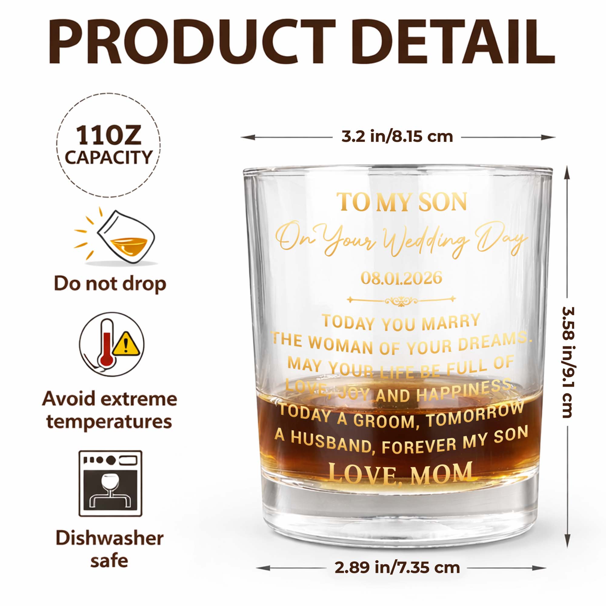 Personalized Whiskey Glass Custom Name Gift for Son Wedding