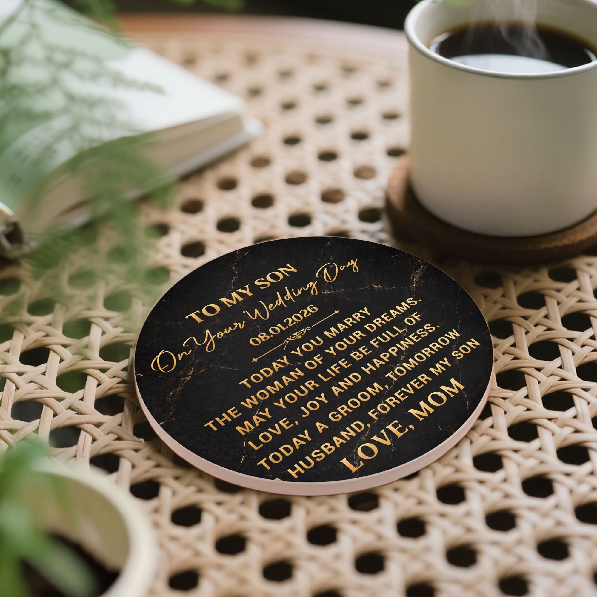 Personalized Black Marble Ceramic Coaster Gift for Son Wedding Day
