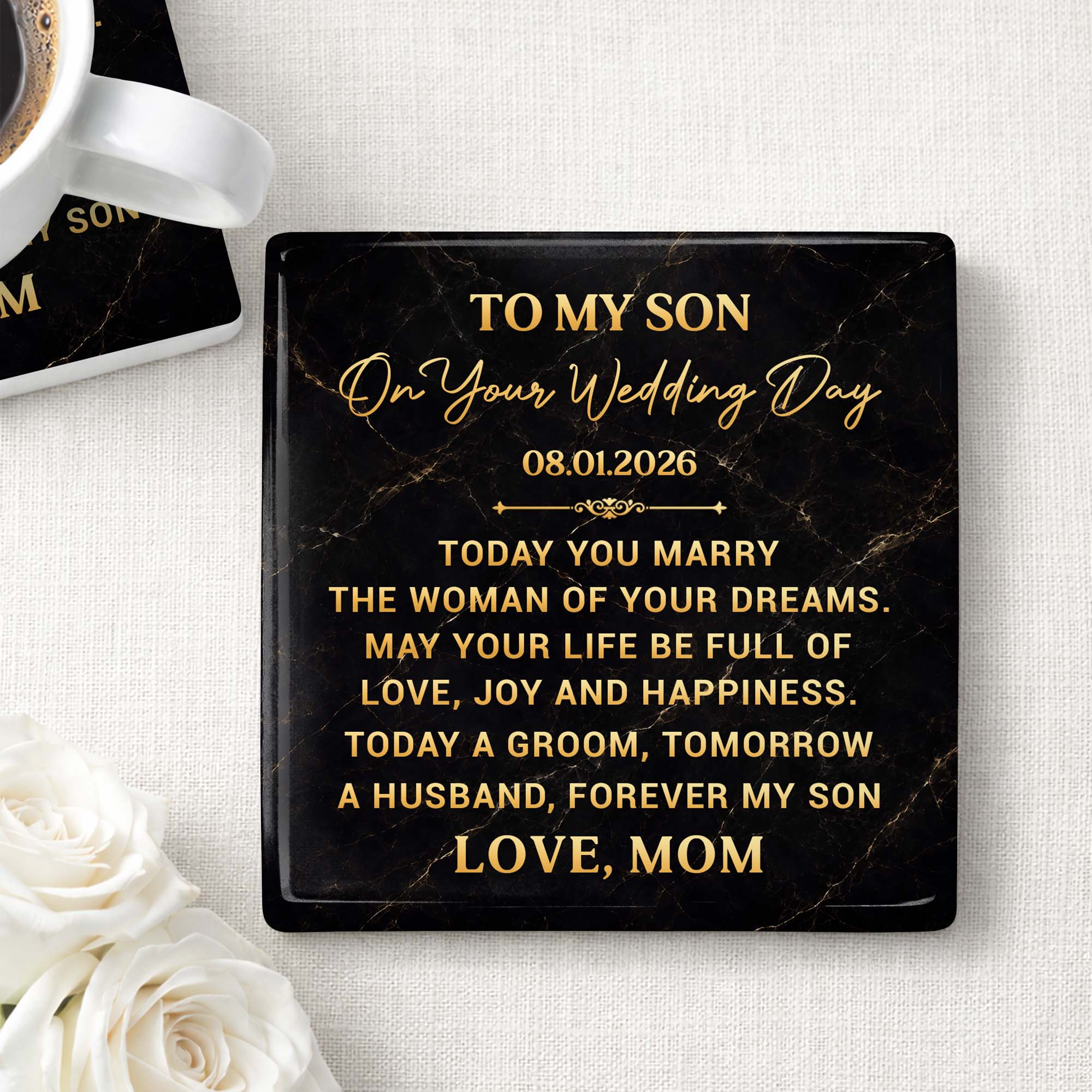 Personalized Black Marble Coaster Gift for Son Wedding Day