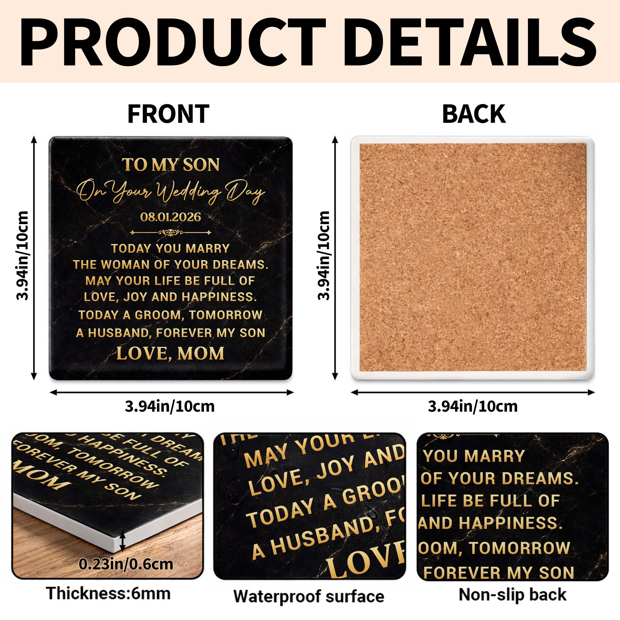Personalized Black Marble Coaster Gift for Son Wedding Day