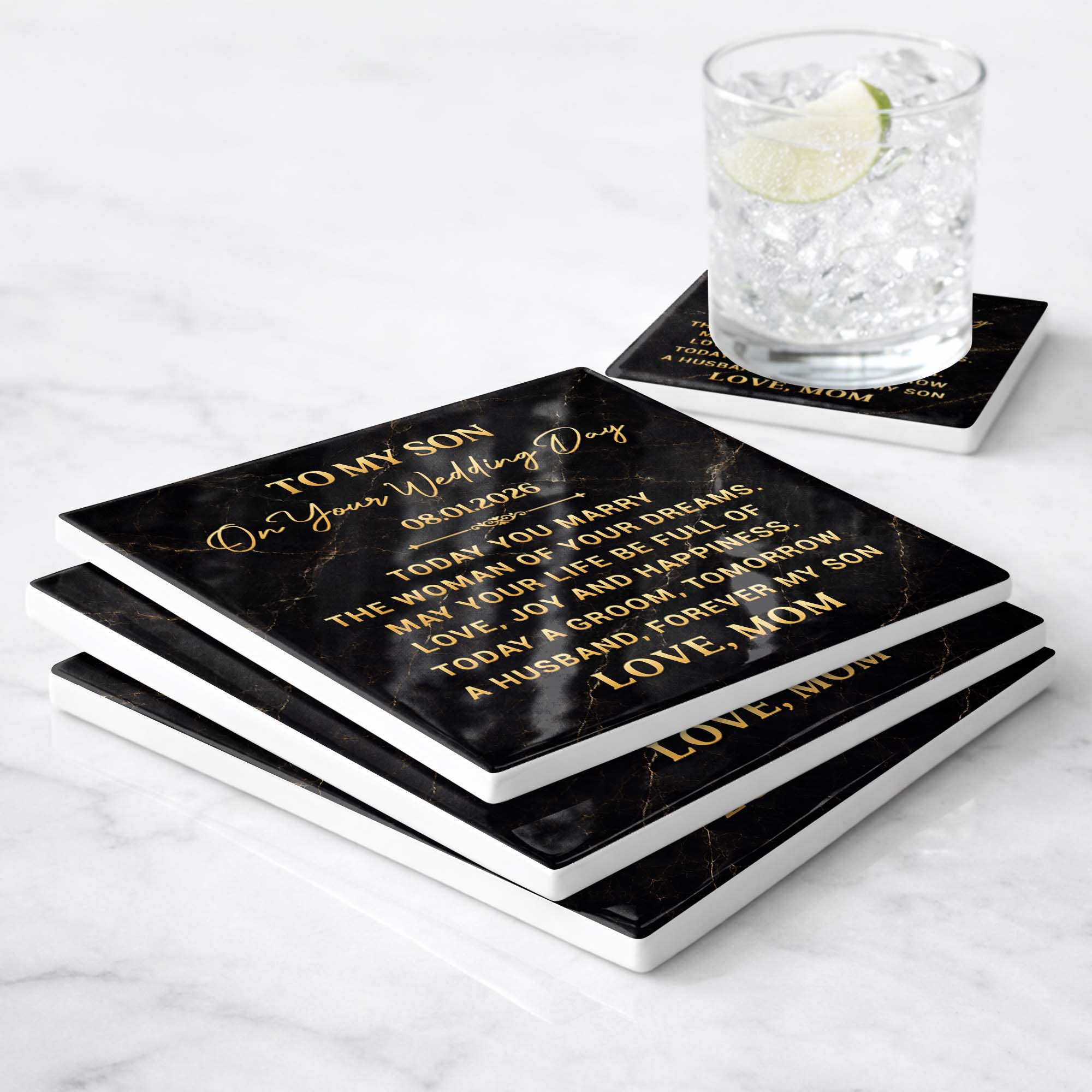 Personalized Black Marble Coaster Gift for Son Wedding Day