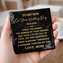 Load image into Gallery viewer, Personalized Black Marble Coaster Gift for Son Wedding Day
