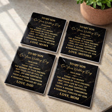 Load image into Gallery viewer, Personalized Black Marble Coaster Gift for Son Wedding Day
