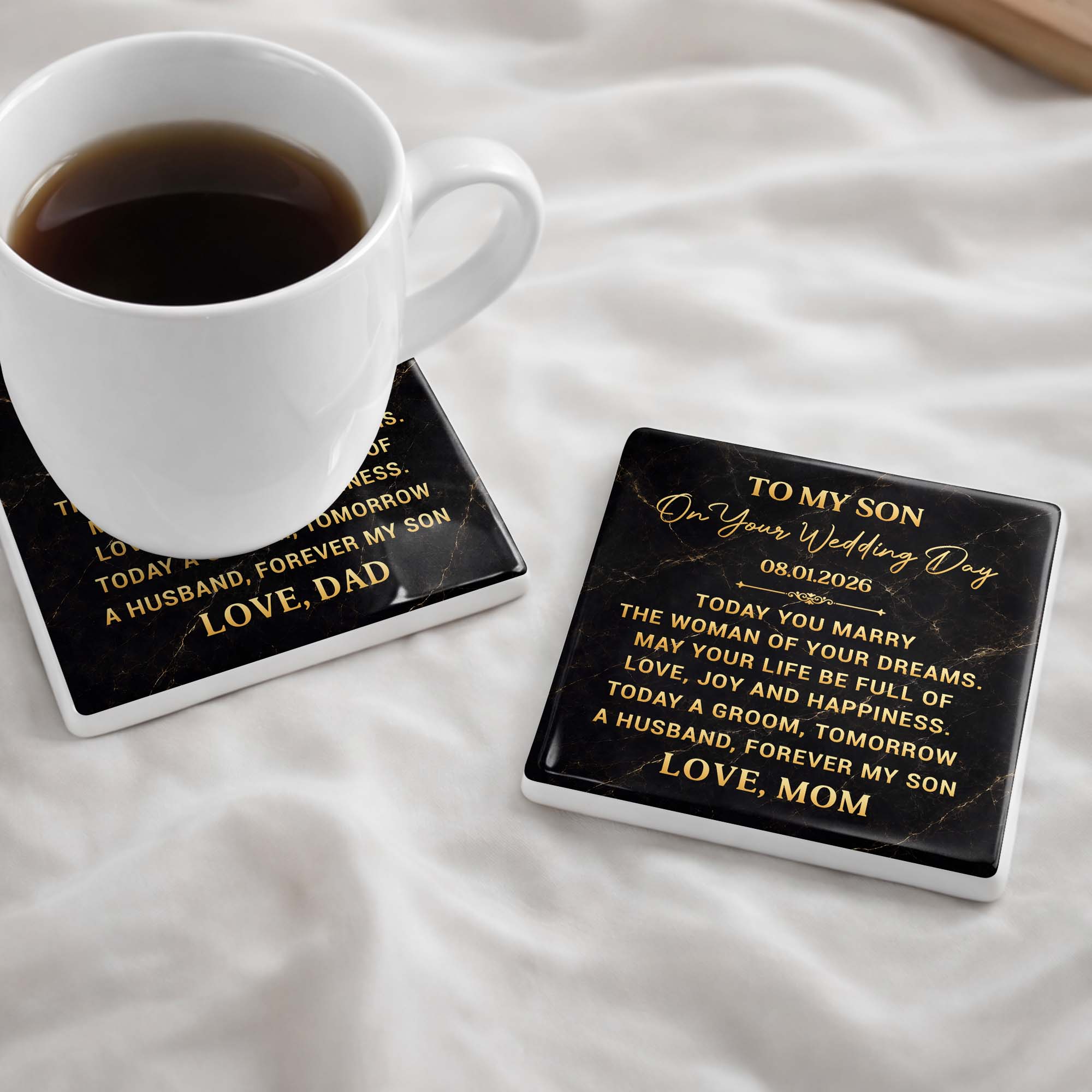 Personalized Black Marble Coaster Gift for Son Wedding Day