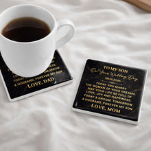 Load image into Gallery viewer, Personalized Black Marble Coaster Gift for Son Wedding Day
