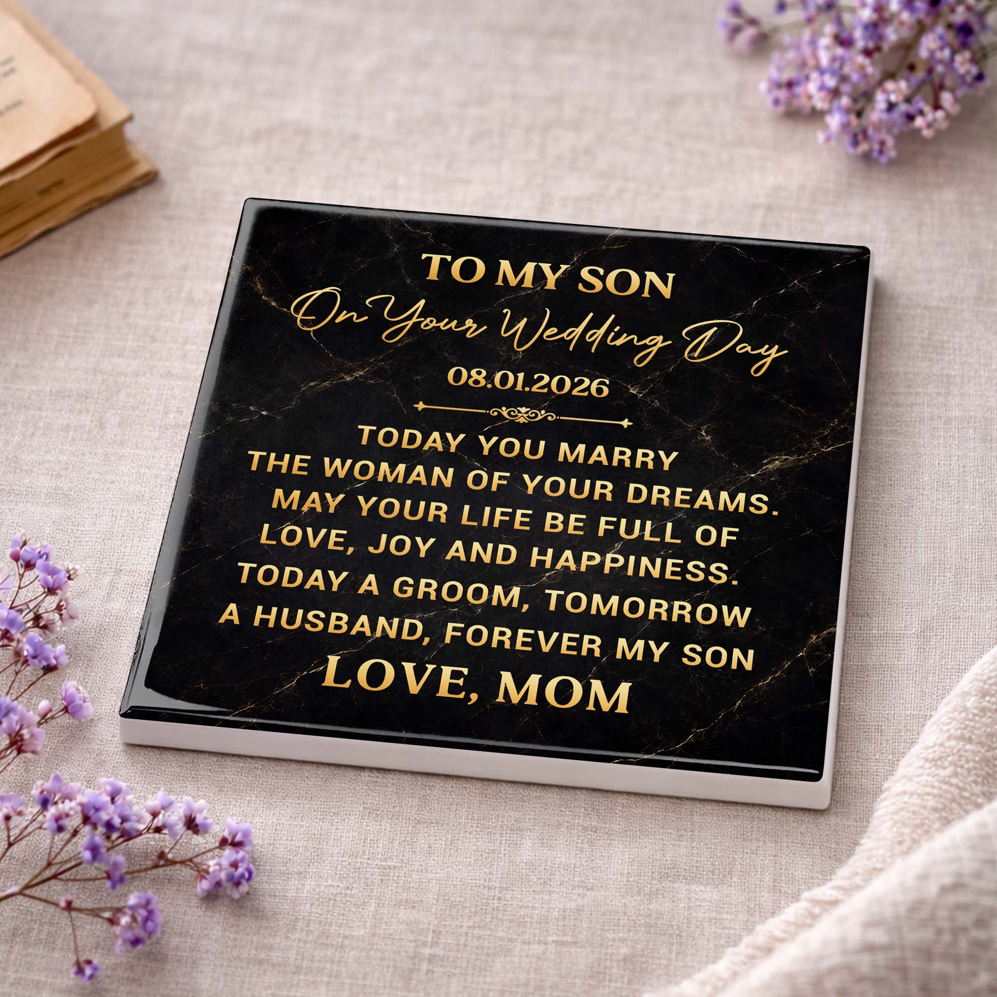 Personalized Black Marble Coaster Gift for Son Wedding Day