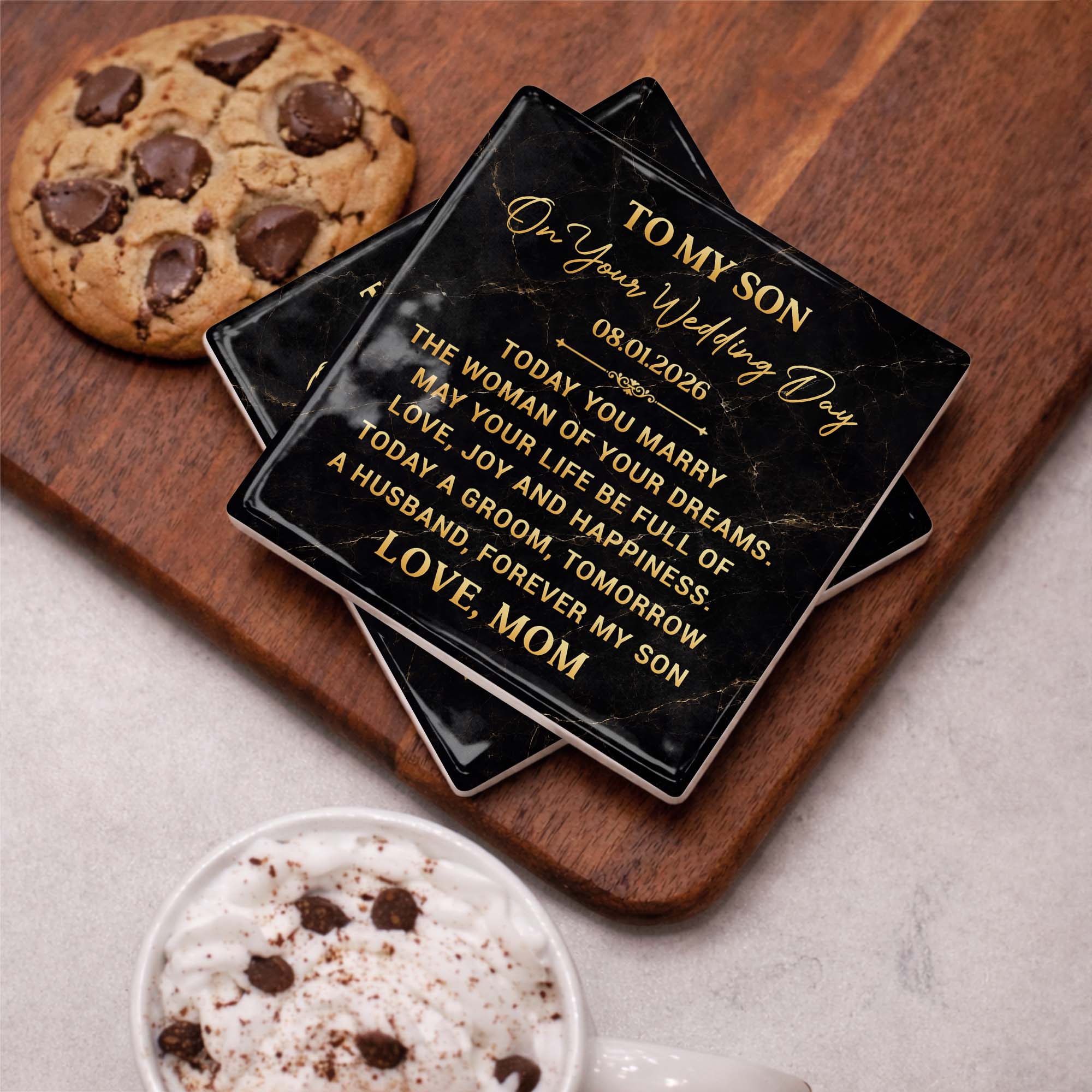Personalized Black Marble Coaster Gift for Son Wedding Day