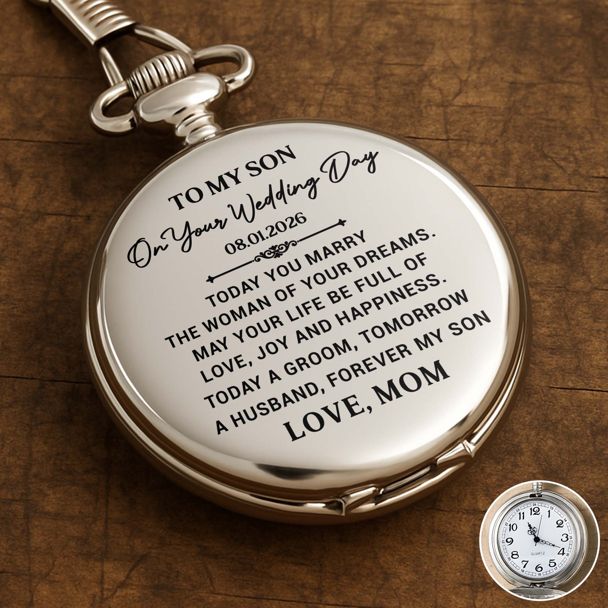 Personalized Silver Plated Pocket Watch Gift for Son Wedding Day