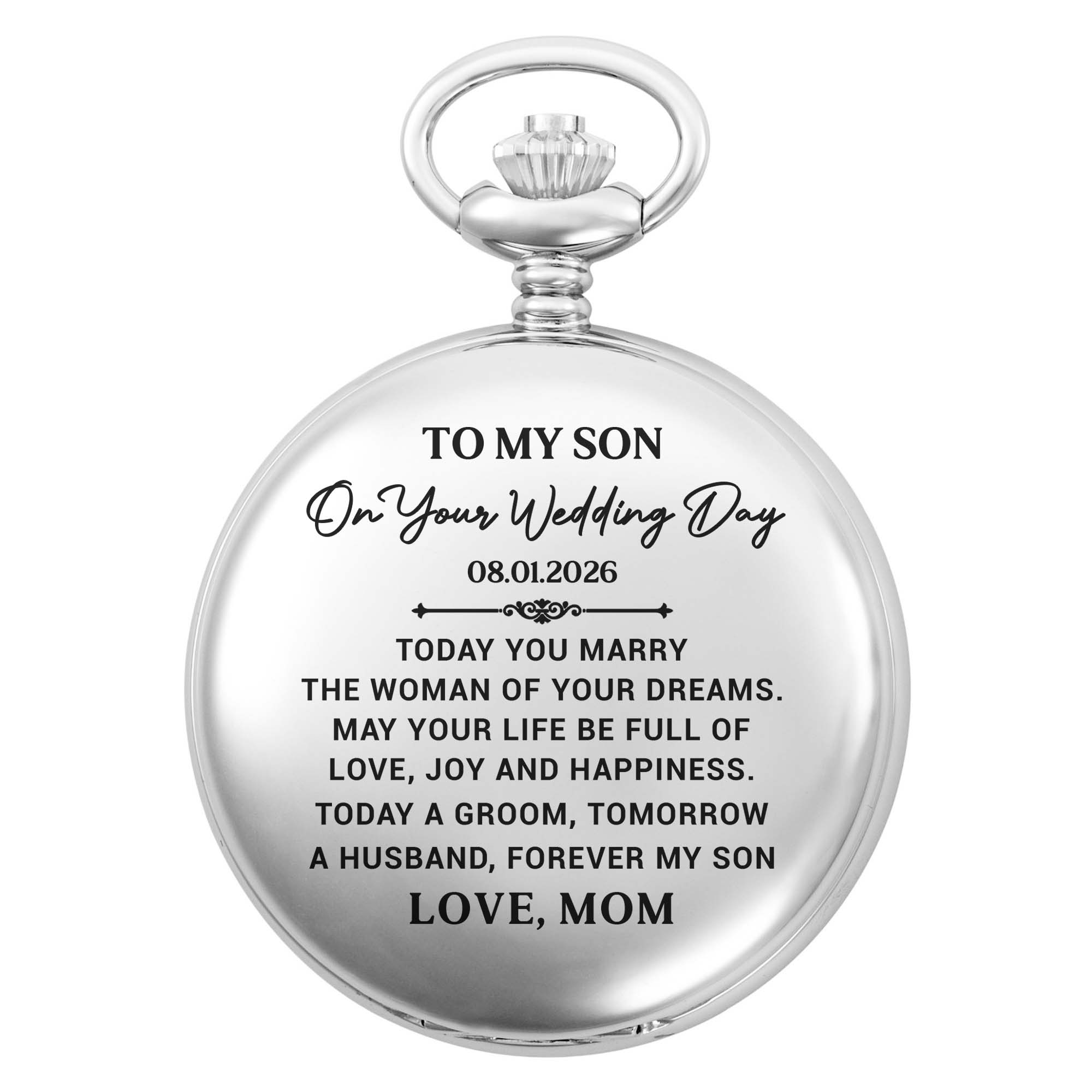 Personalized Silver Plated Pocket Watch Gift for Son Wedding Day