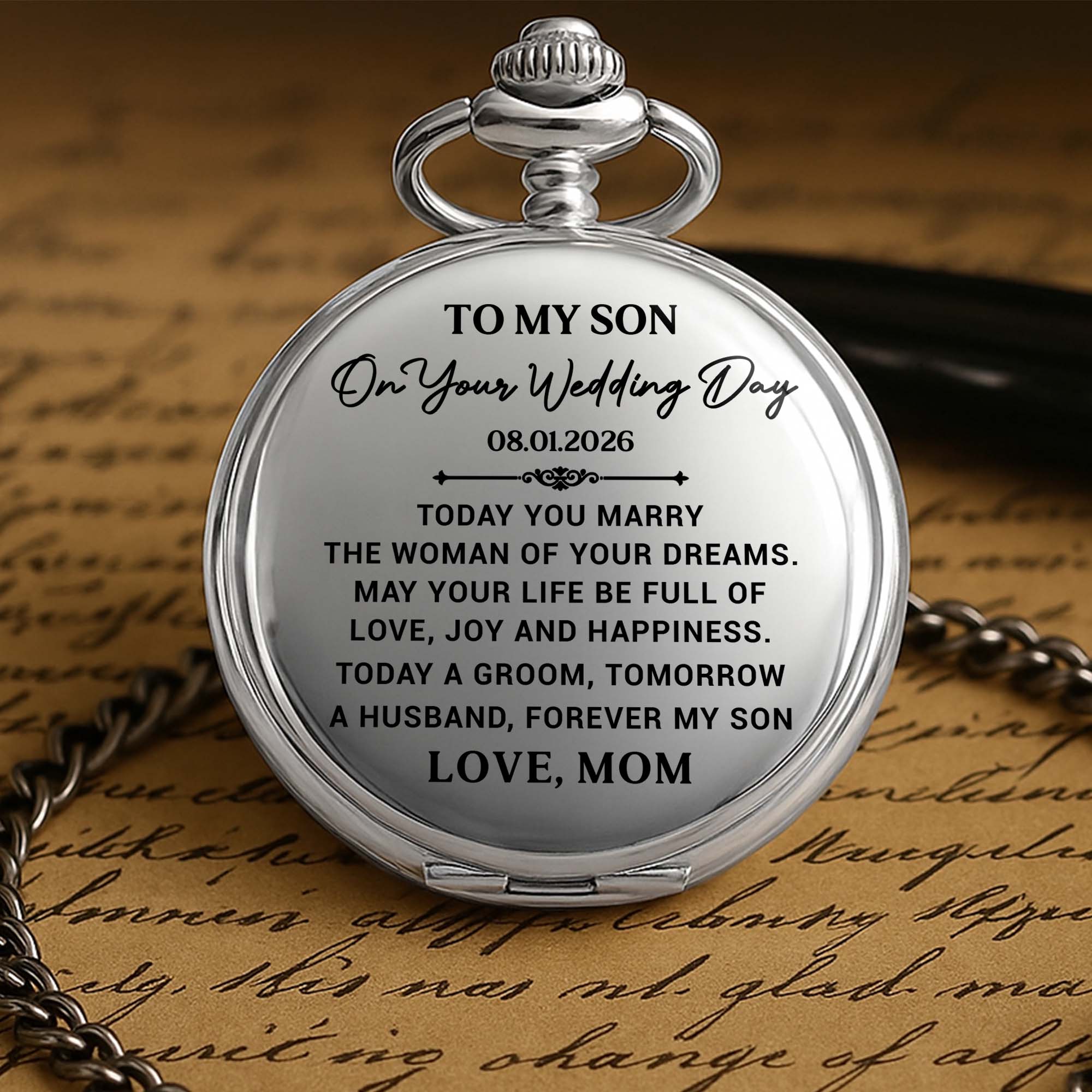 Personalized Silver Plated Pocket Watch Gift for Son Wedding Day