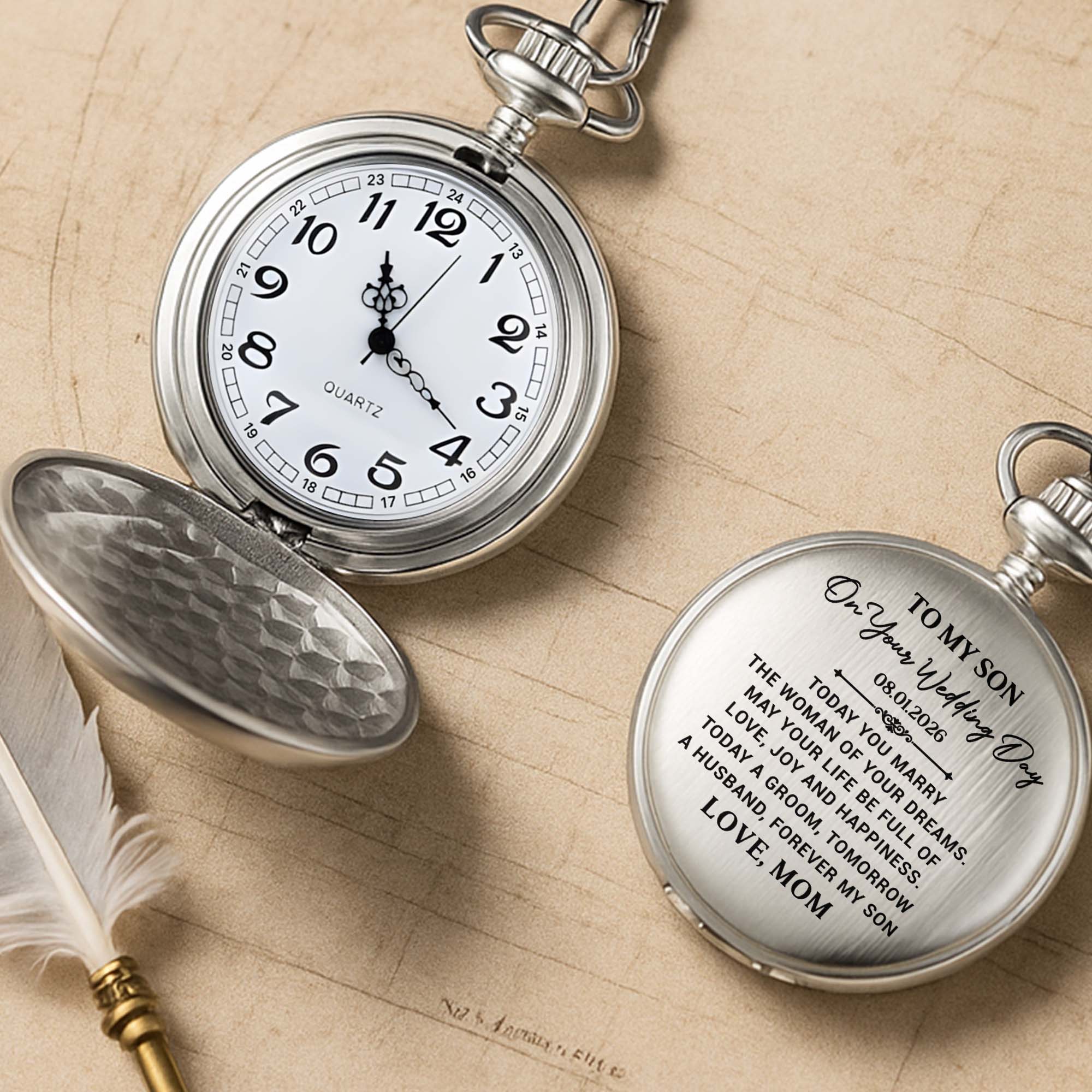 Personalized Silver Plated Pocket Watch Gift for Son Wedding Day