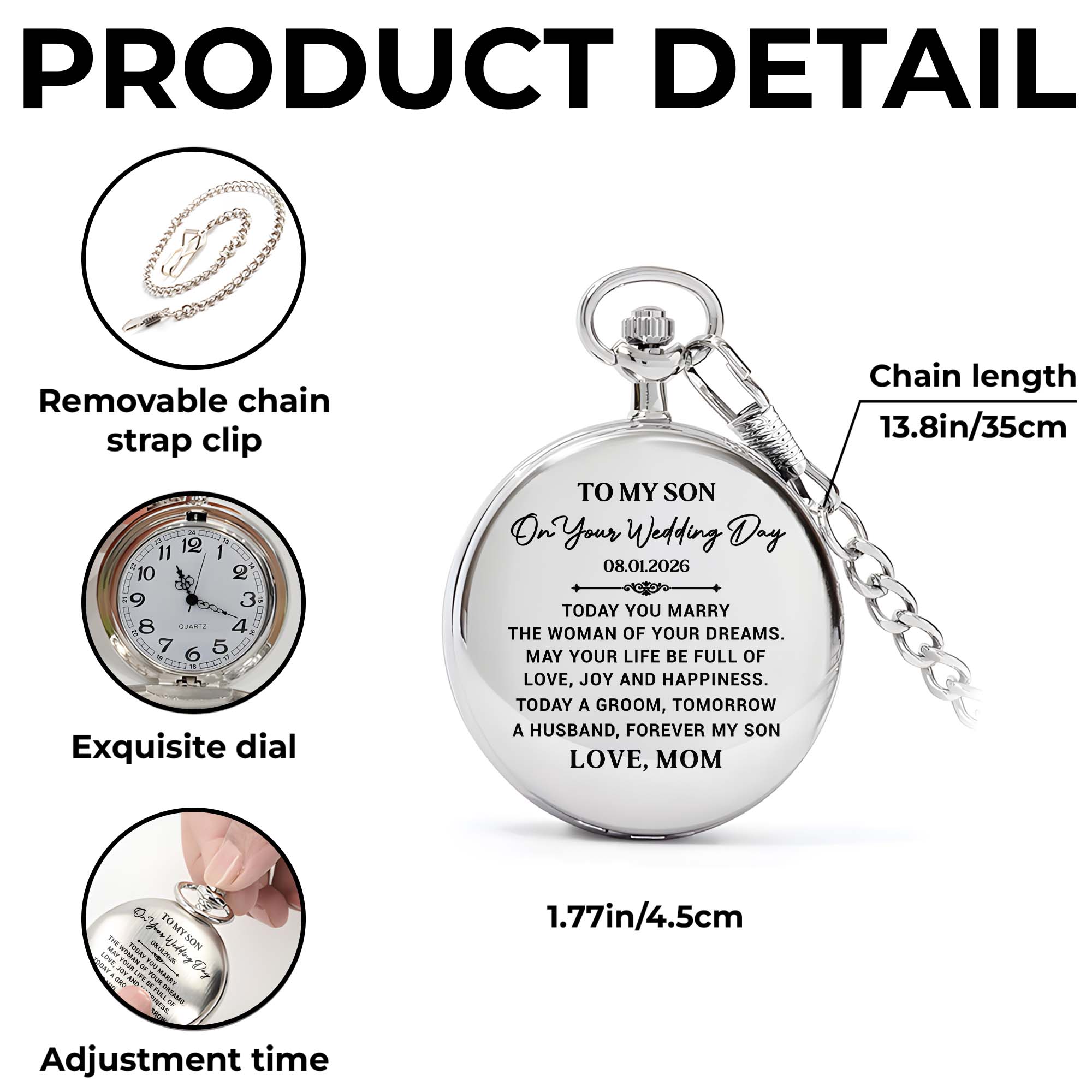 Personalized Silver Plated Pocket Watch Gift for Son Wedding Day