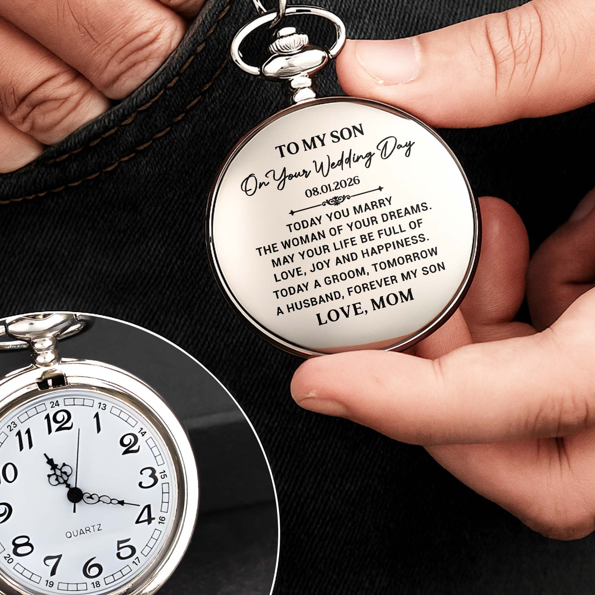 Personalized Silver Plated Pocket Watch Gift for Son Wedding Day