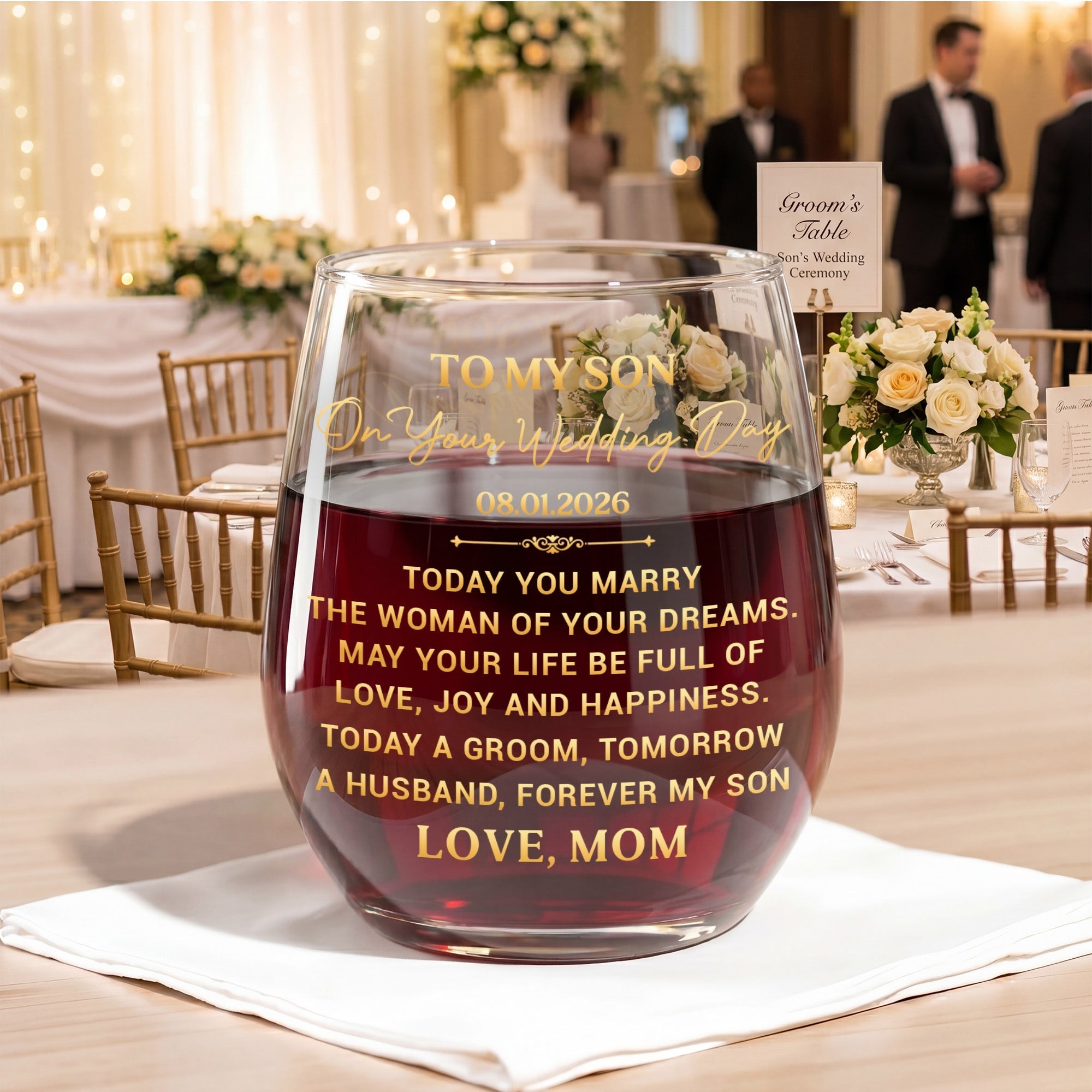 Personalized Stemless Wine Glass for Son Wedding Day Gift