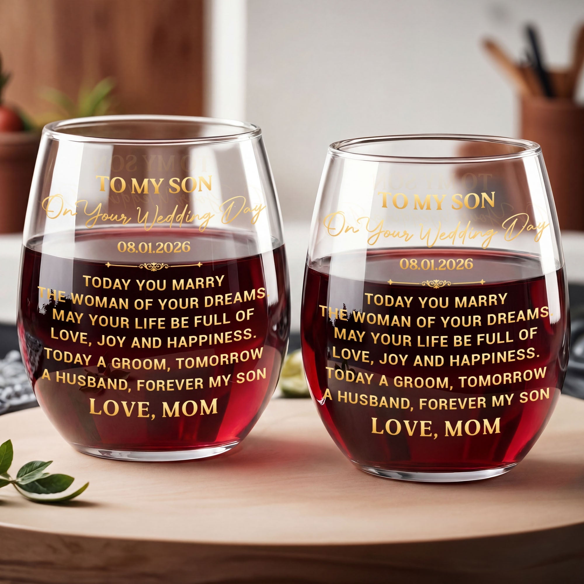 Personalized Stemless Wine Glass for Son Wedding Day Gift