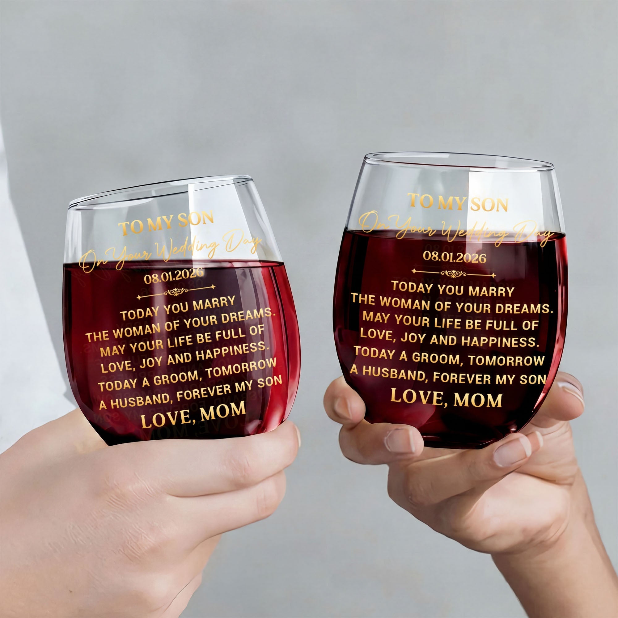 Personalized Stemless Wine Glass for Son Wedding Day Gift