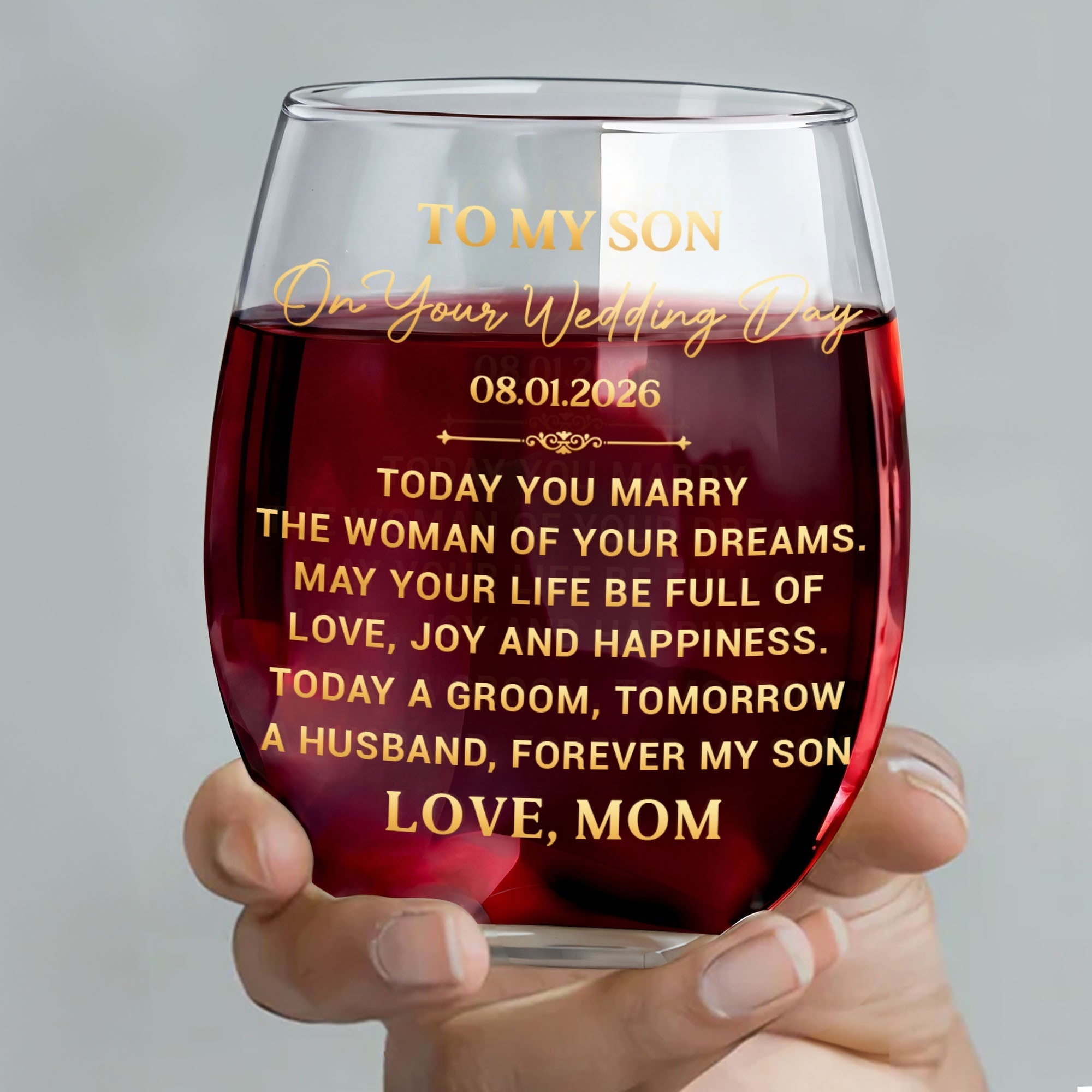 Personalized Stemless Wine Glass for Son Wedding Day Gift