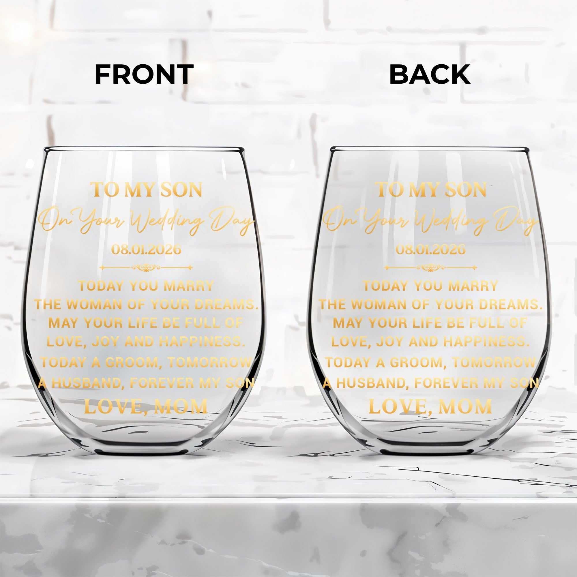 Personalized Stemless Wine Glass for Son Wedding Day Gift