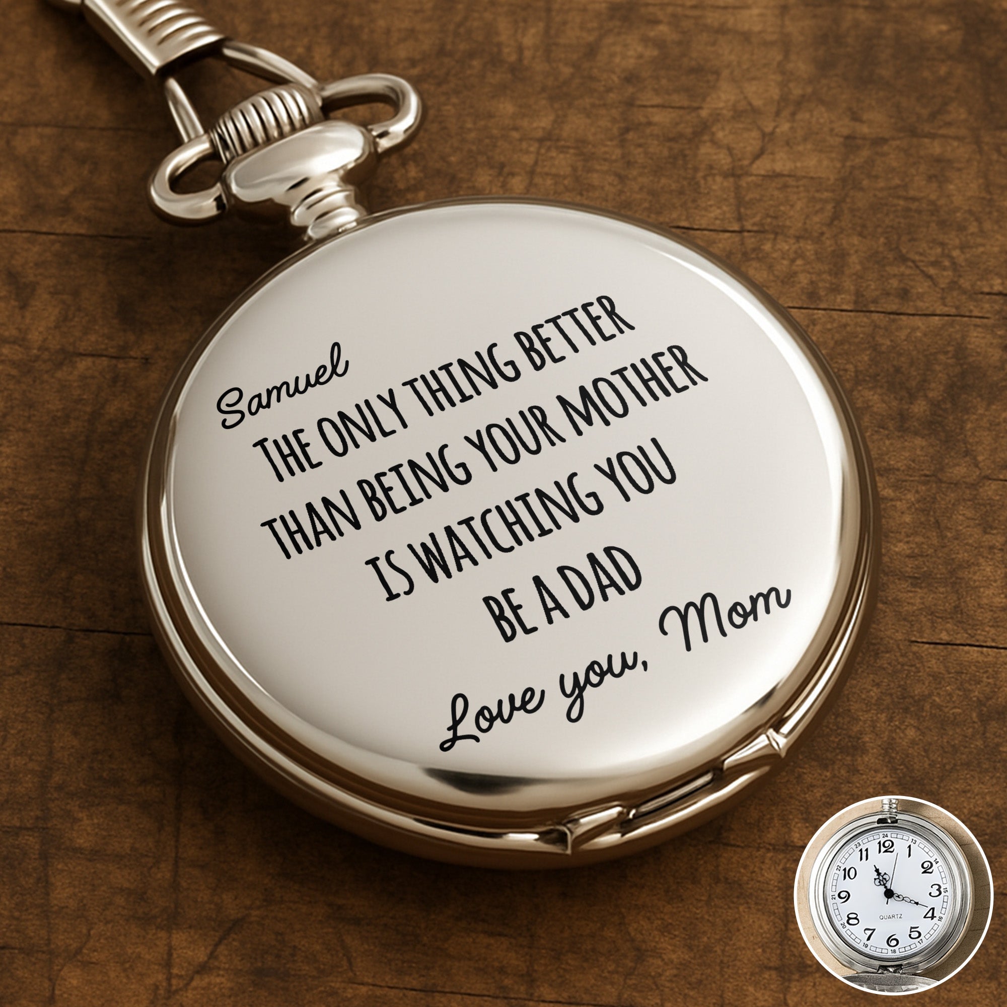 Engraved Silver Pocket Watch Custom Name Gift for Son