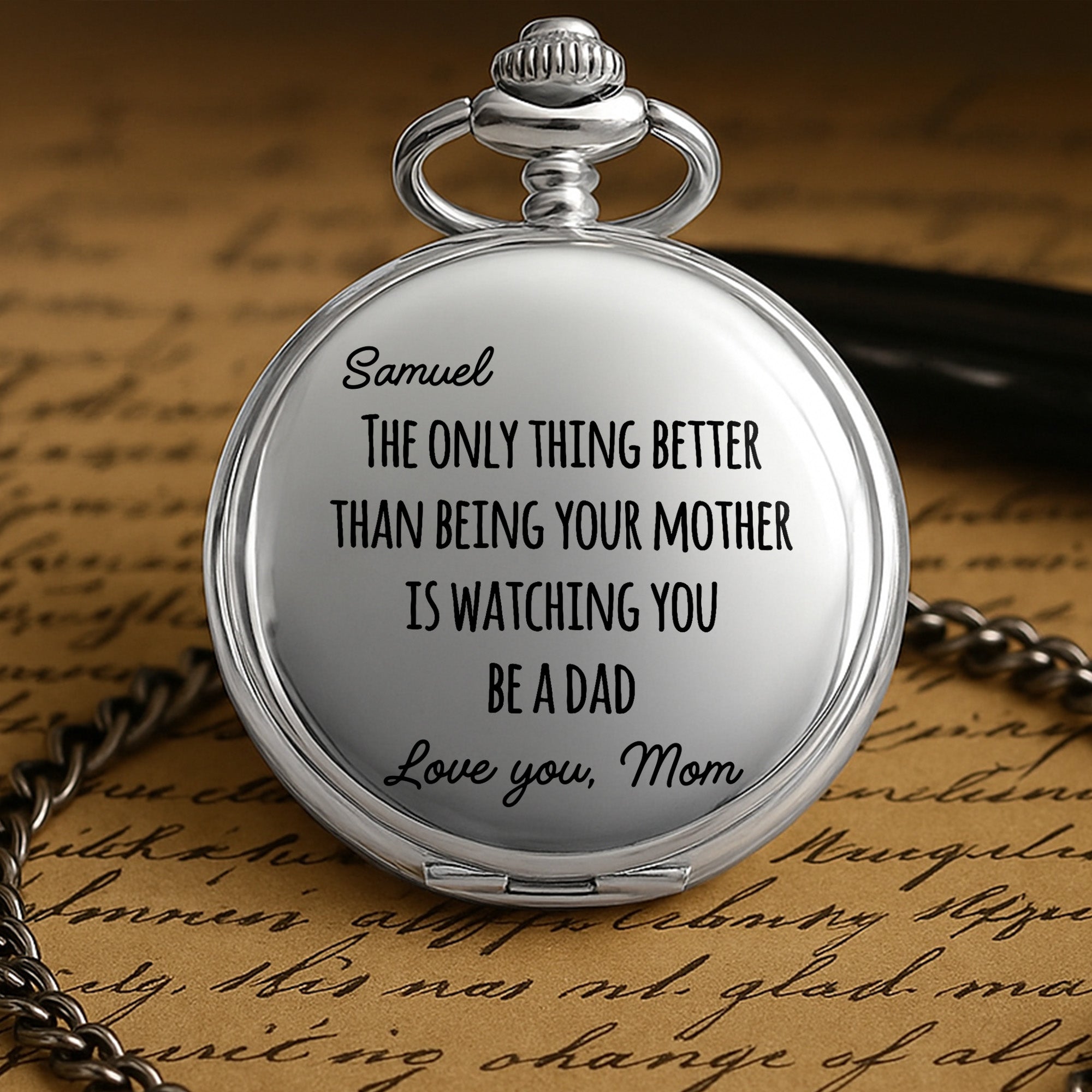 Engraved Silver Pocket Watch Custom Name Gift for Son