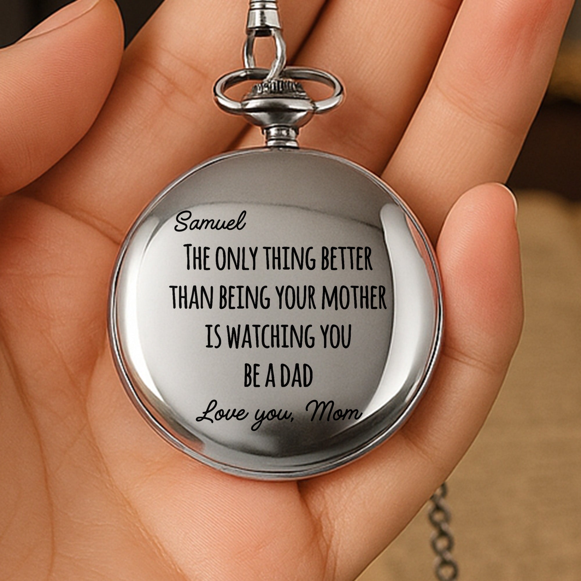 Engraved Silver Pocket Watch Custom Name Gift for Son