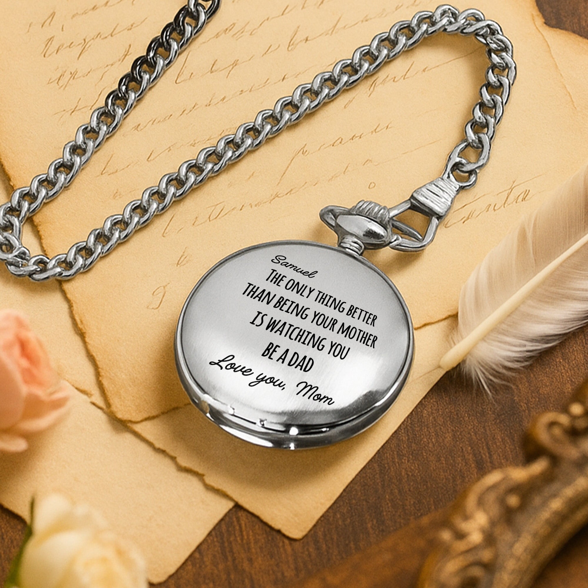Engraved Silver Pocket Watch Custom Name Gift for Son