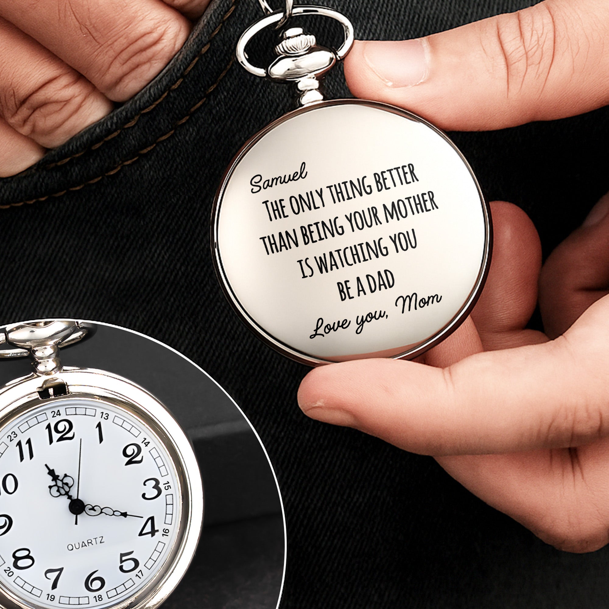 Engraved Silver Pocket Watch Custom Name Gift for Son