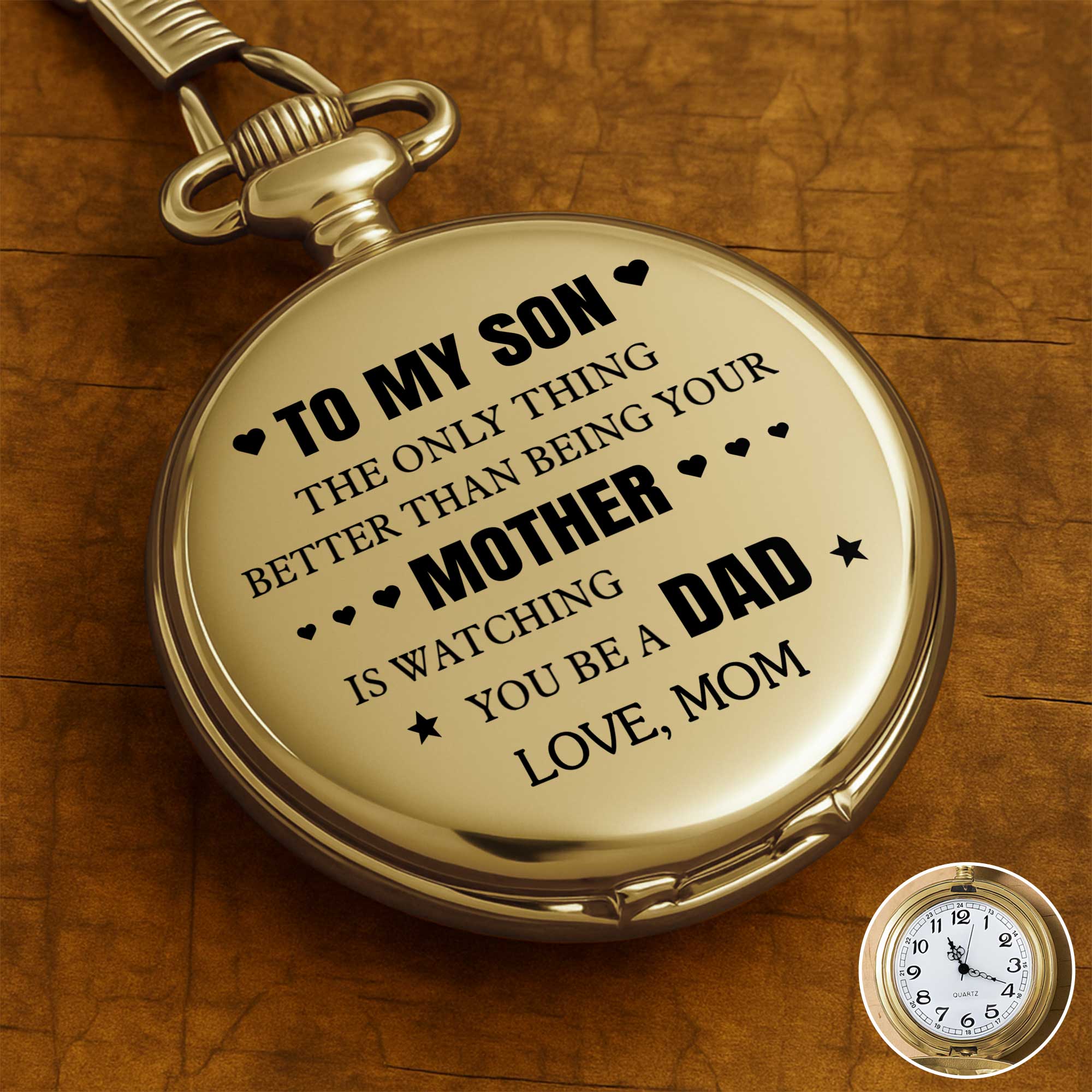 Personalized Gold Pocket Watch Custom Message for Son