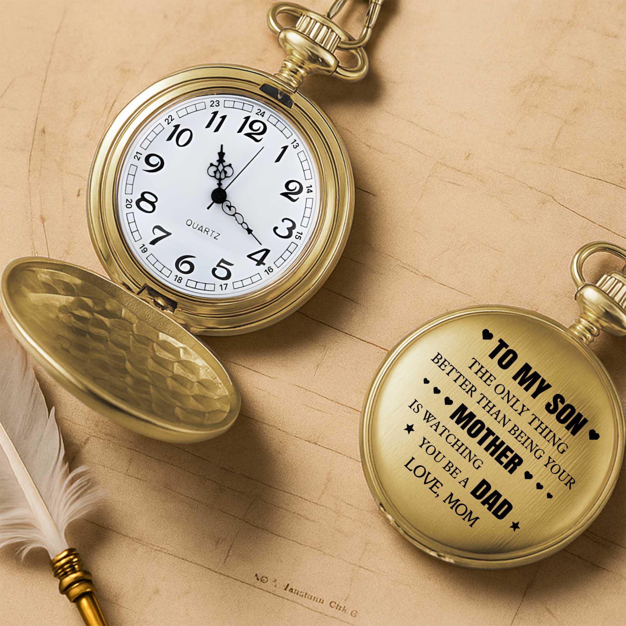 Personalized Gold Pocket Watch Custom Message for Son