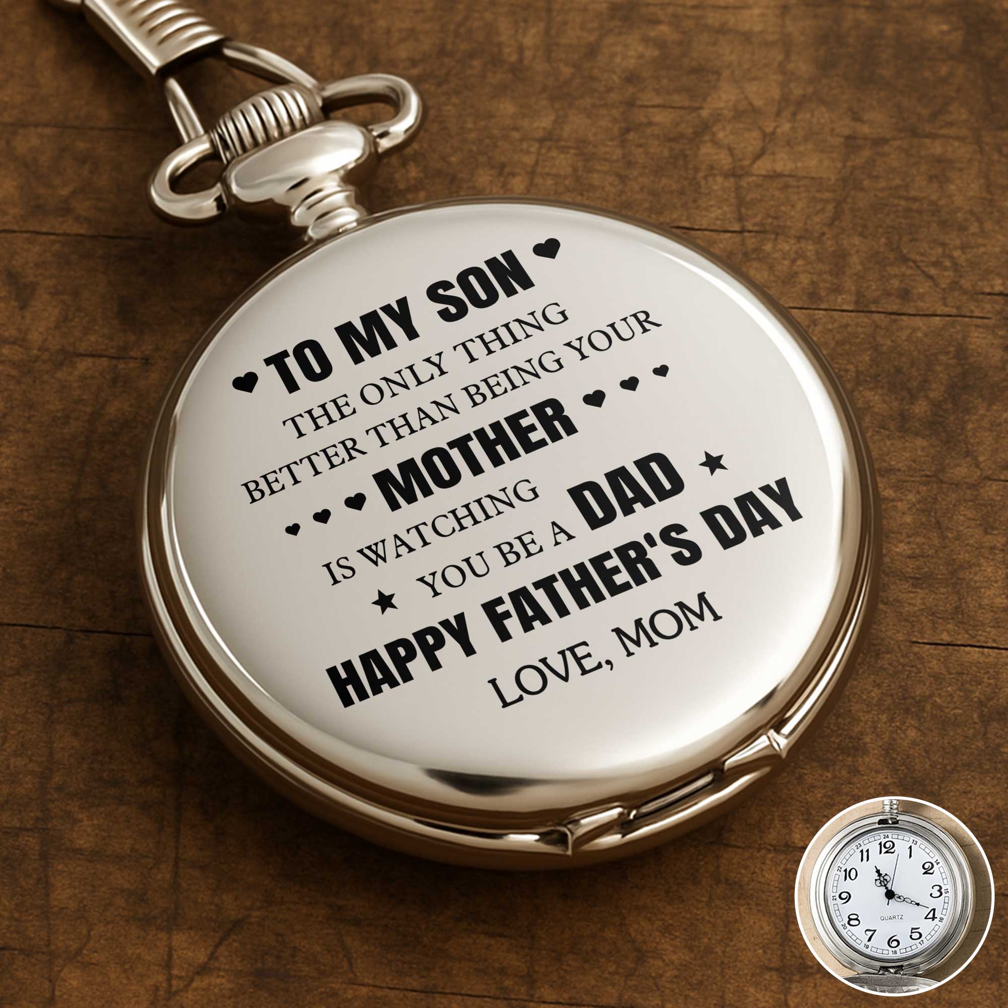 Personalized Silver Pocket Watch Heart & Stars Gift for Son