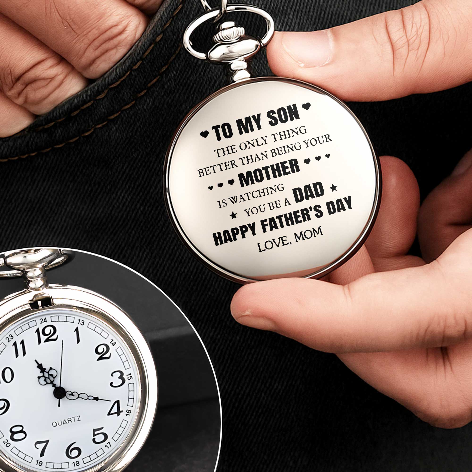 Personalized Silver Pocket Watch Heart & Stars Gift for Son