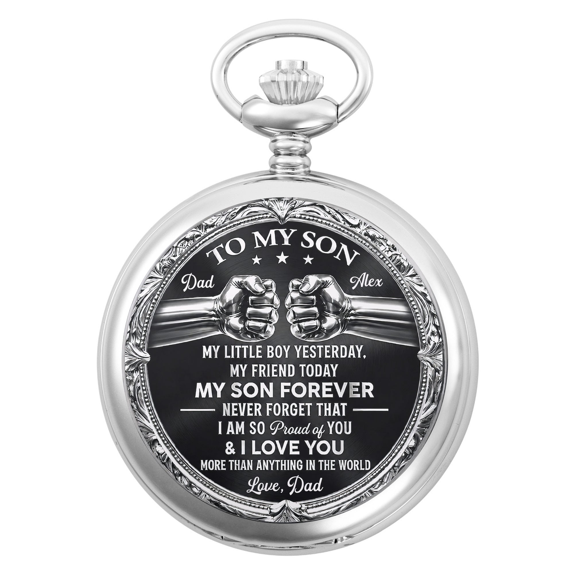 Personalized Silver Plated Pocket Watch Custom Gift for Son