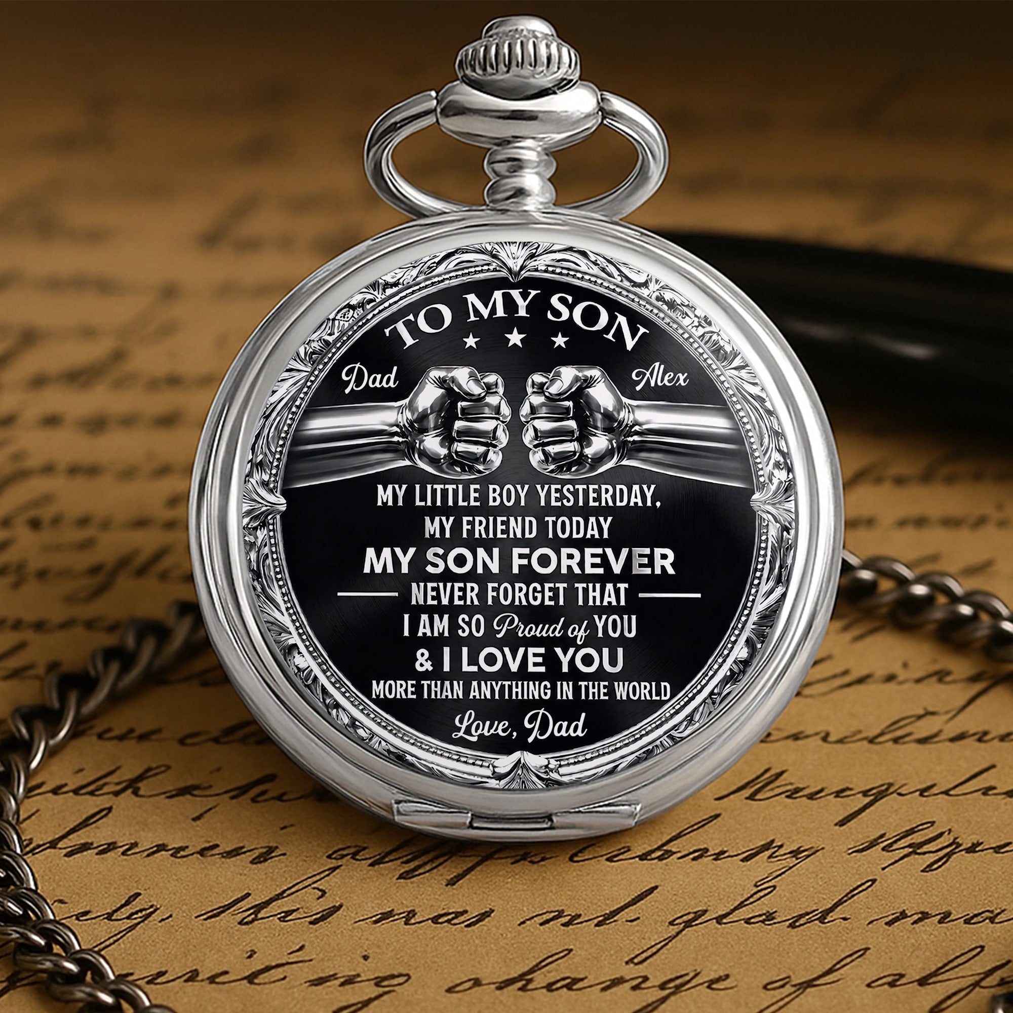 Personalized Silver Plated Pocket Watch Custom Gift for Son