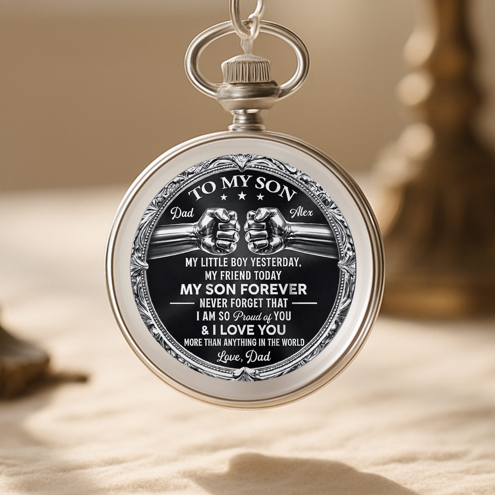 Personalized Silver Plated Pocket Watch Custom Gift for Son
