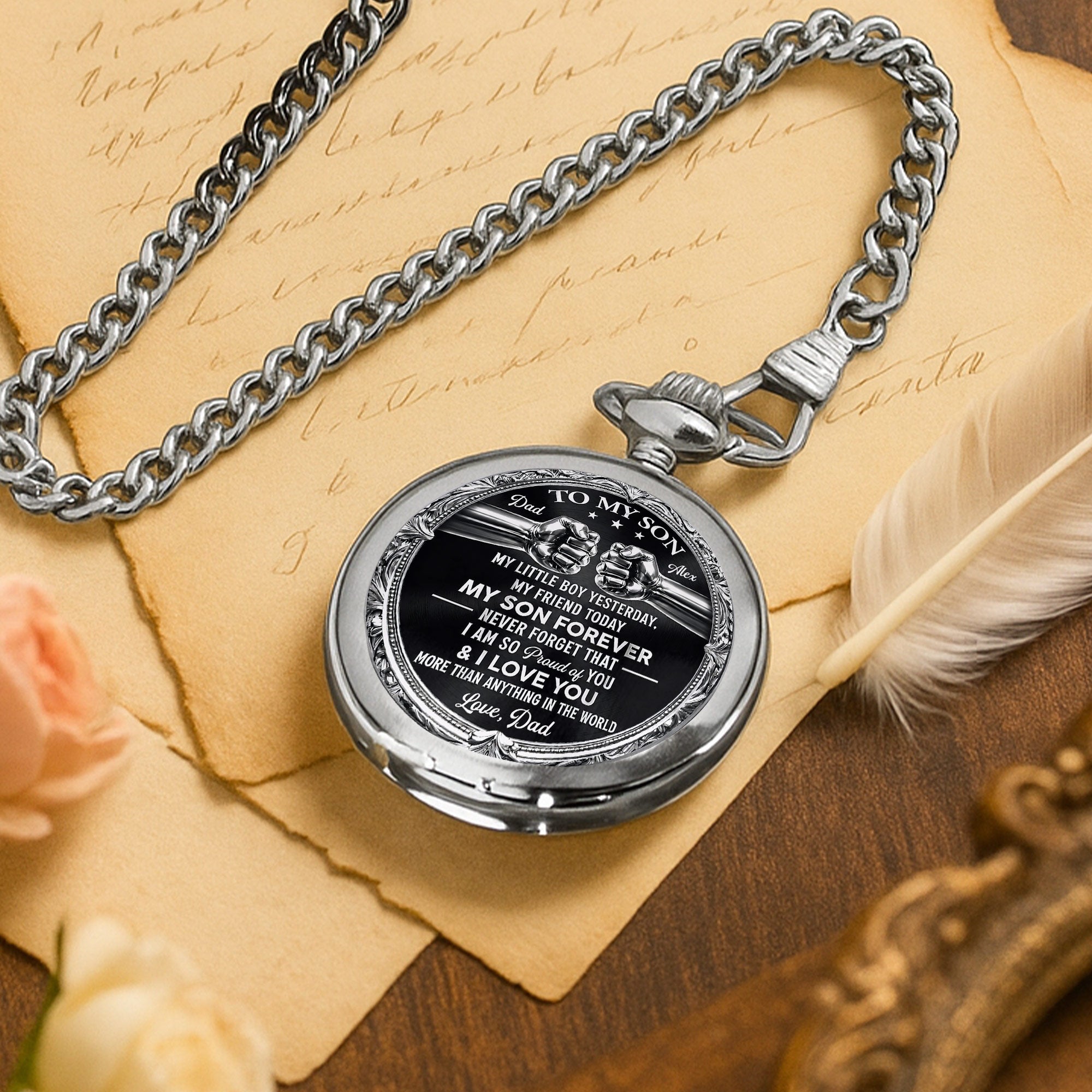 Personalized Silver Plated Pocket Watch Custom Gift for Son