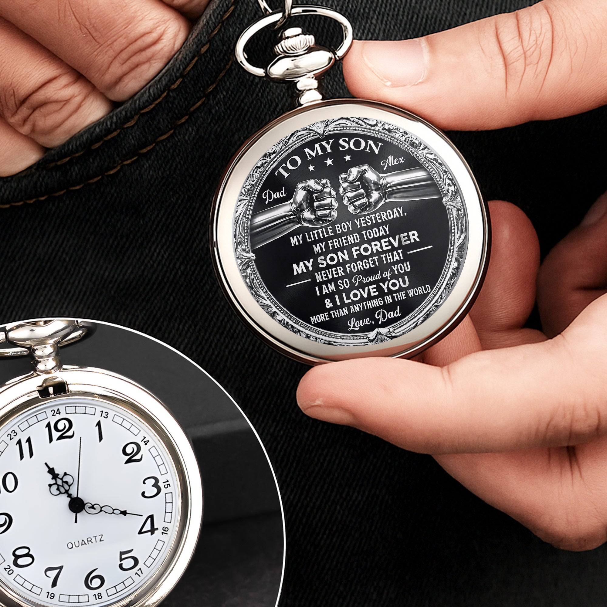 Personalized Silver Plated Pocket Watch Custom Gift for Son
