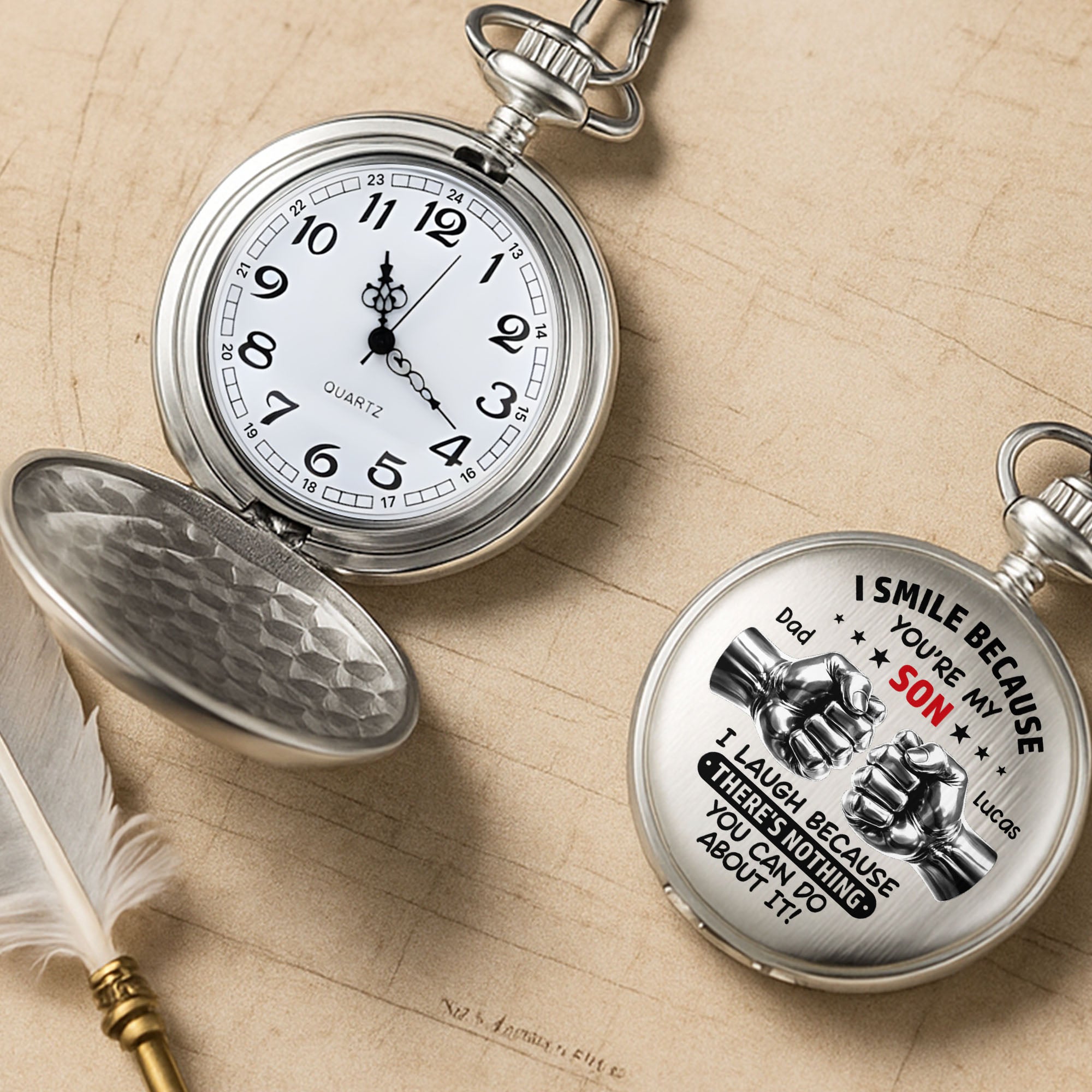 Personalized Silver-Plated Pocket Watch Custom Gift for Son