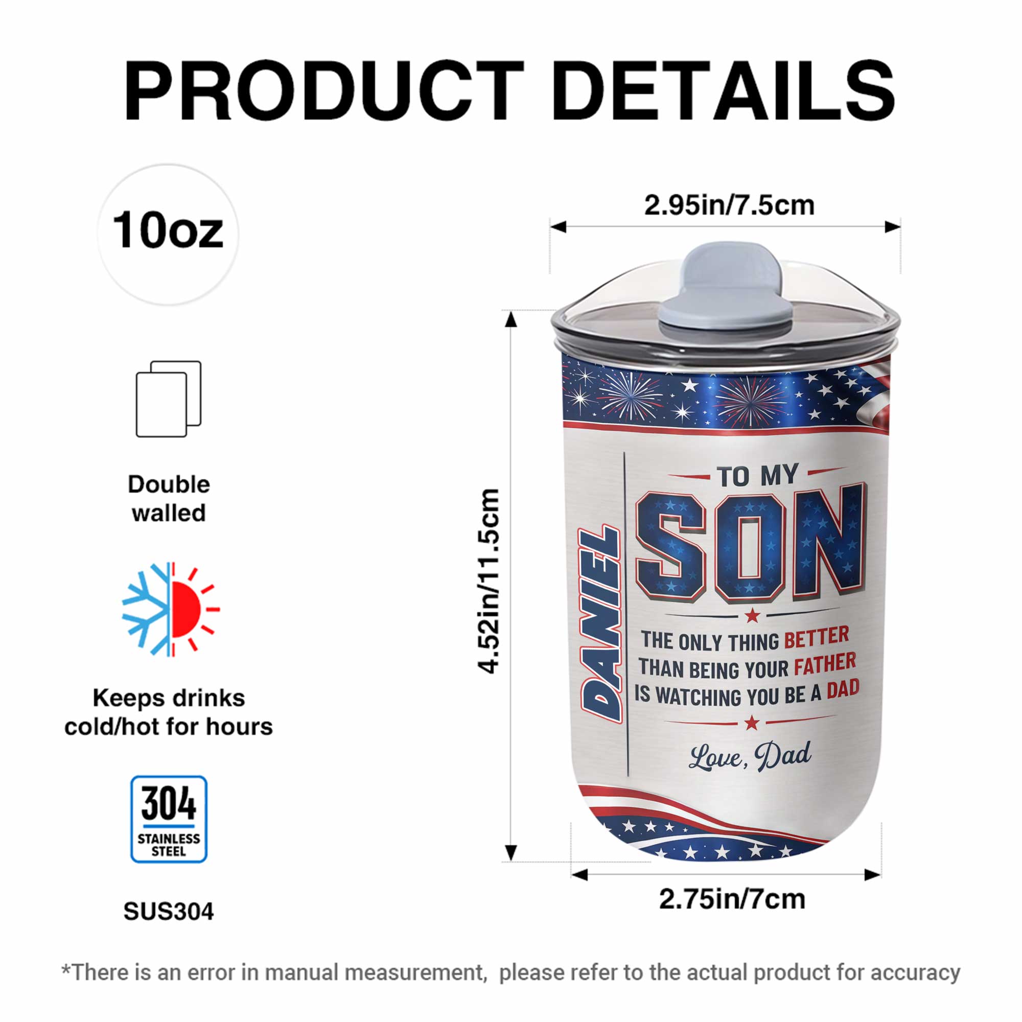 Personalized 10oz Tumbler Custom Name Patriotic Gift for Son