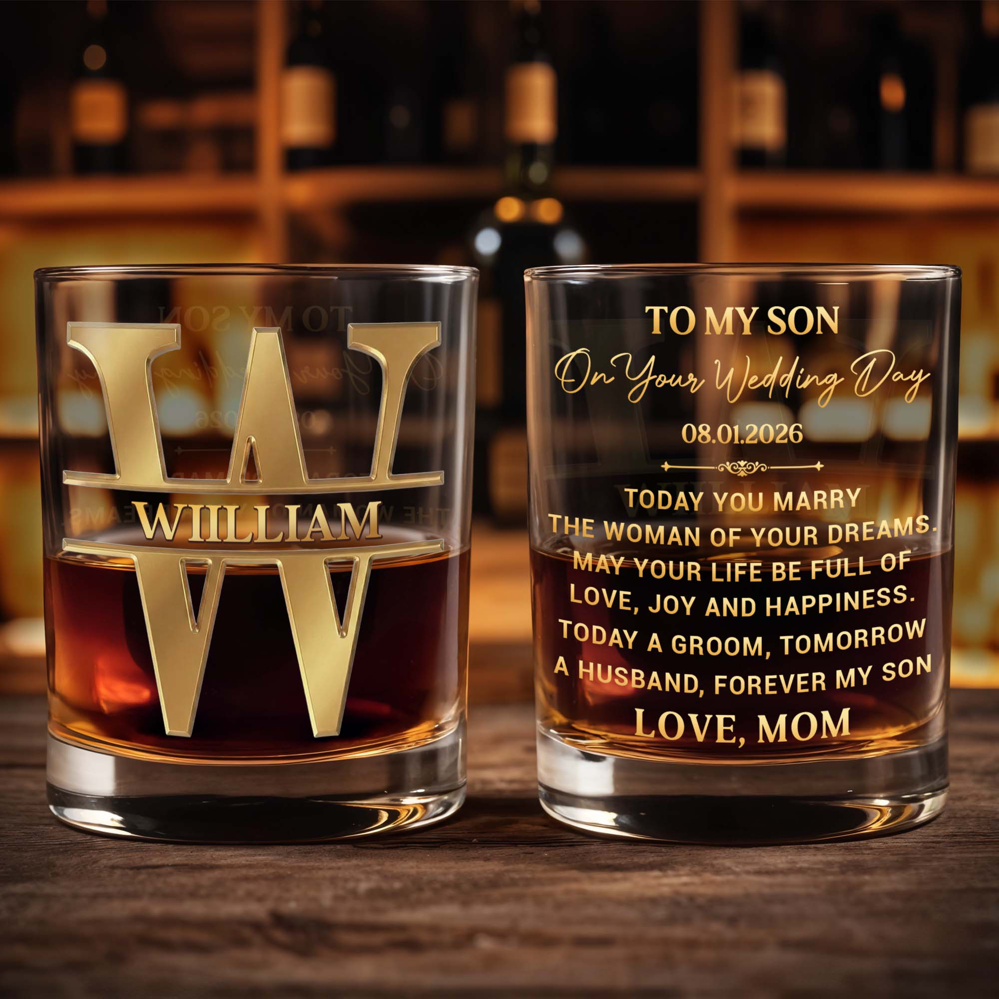 Personalized 3D Golden Monogram Whiskey Glass Custom Gift for Son