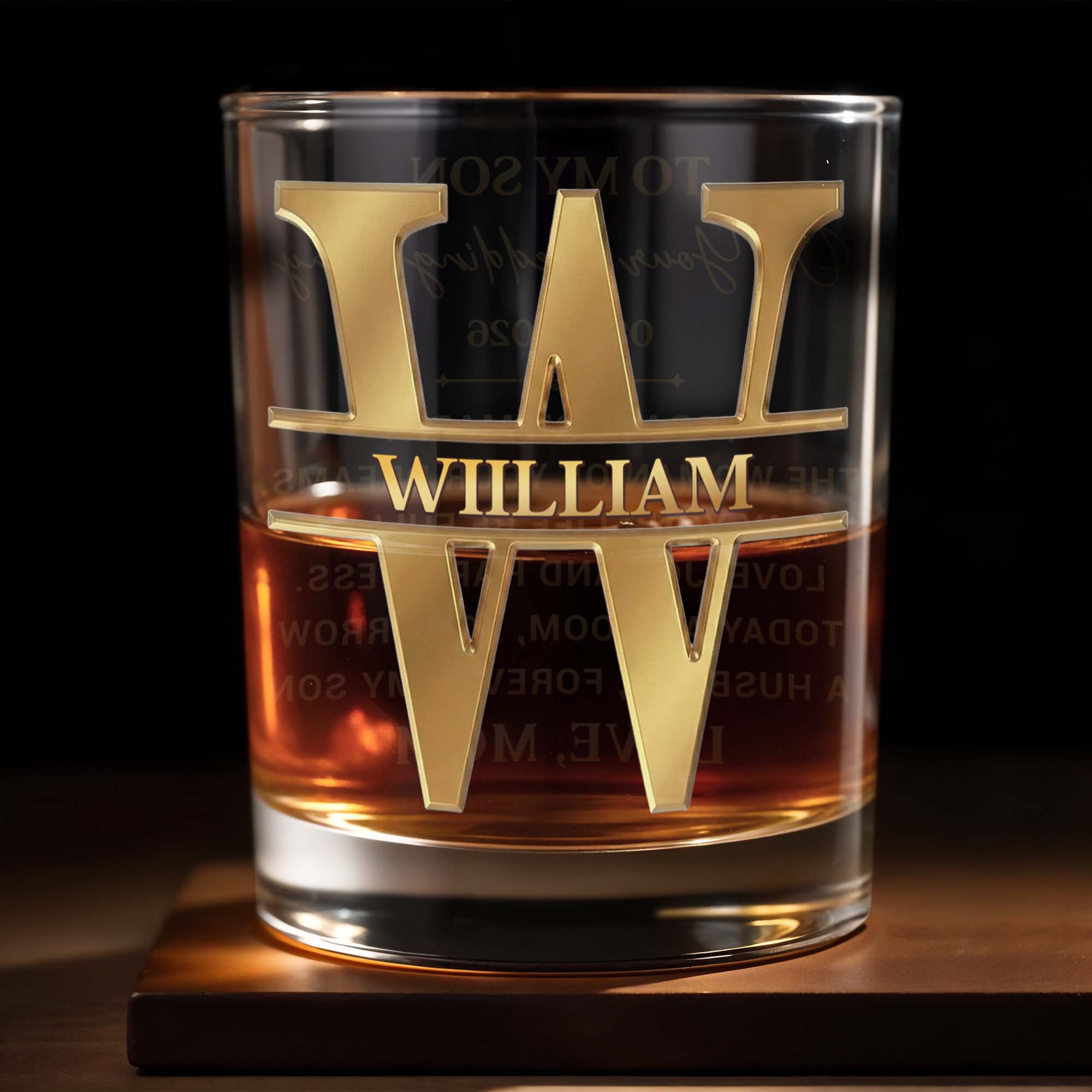 Personalized 3D Golden Monogram Whiskey Glass Custom Gift for Son