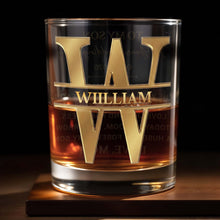 Load image into Gallery viewer, Personalized 3D Golden Monogram Whiskey Glass Custom Gift for Son
