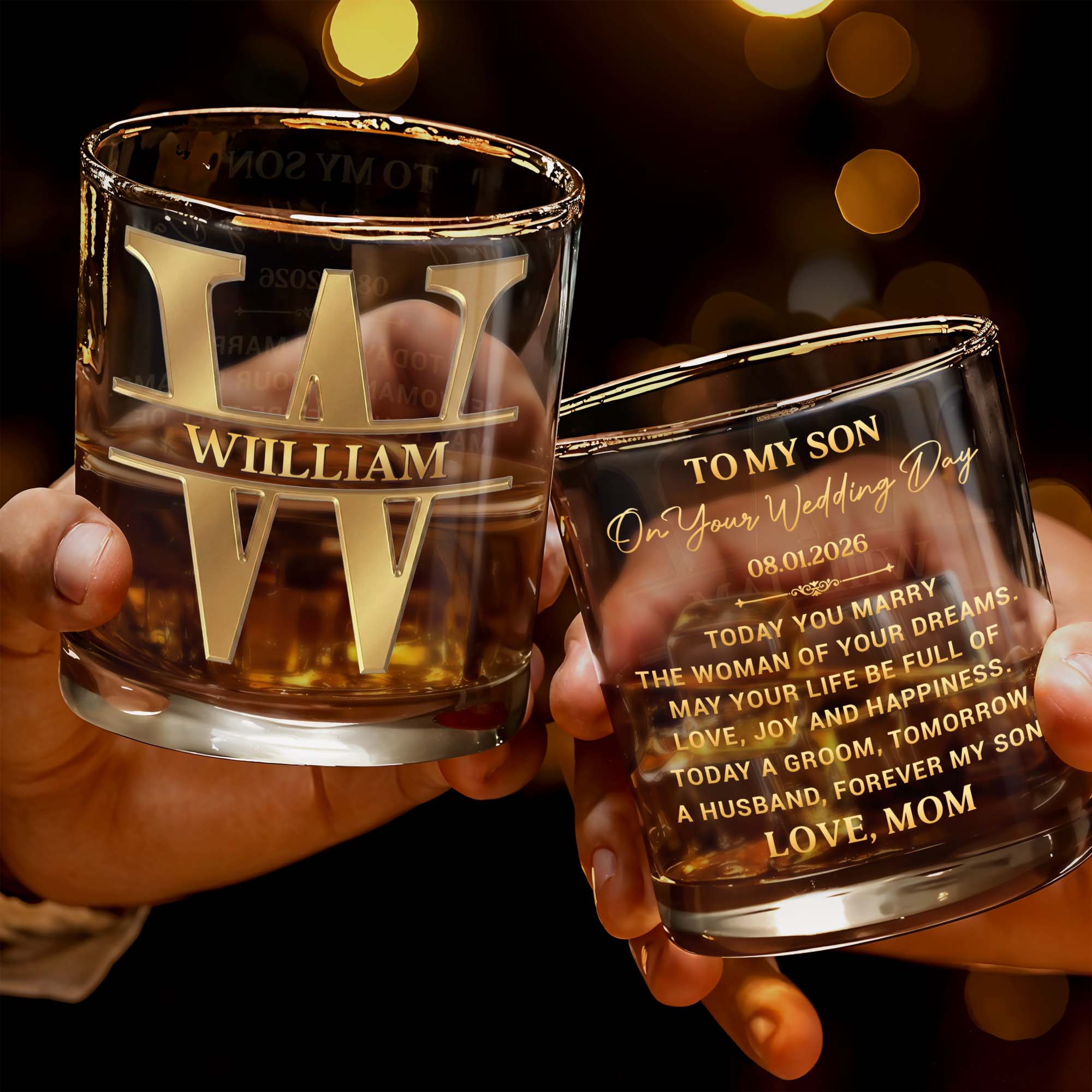 Personalized 3D Golden Monogram Whiskey Glass Custom Gift for Son