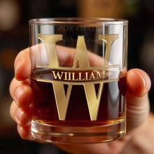 Load image into Gallery viewer, Personalized 3D Golden Monogram Whiskey Glass Custom Gift for Son
