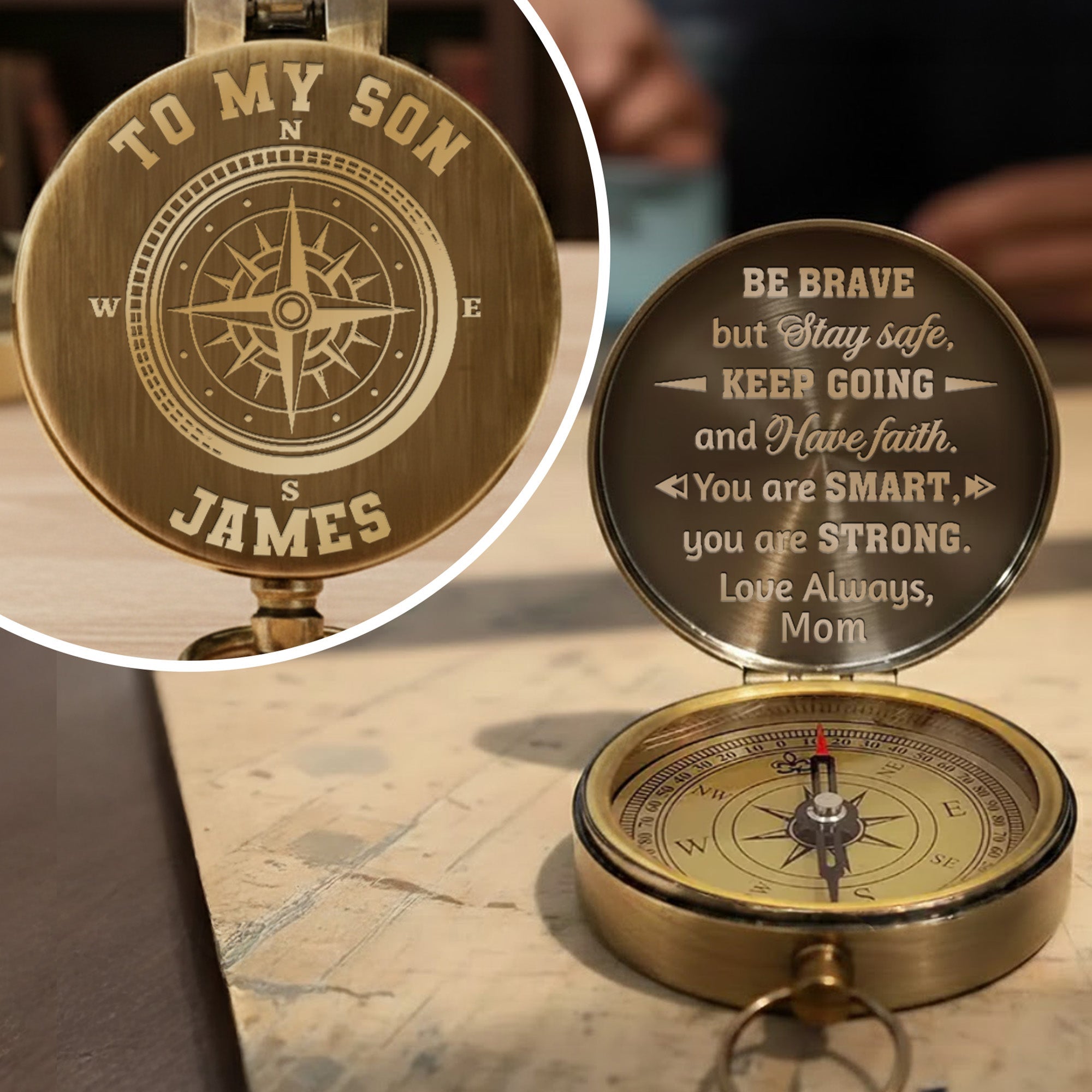 Personalized Engraved Brass Compass Gift for Son - Be Brave
