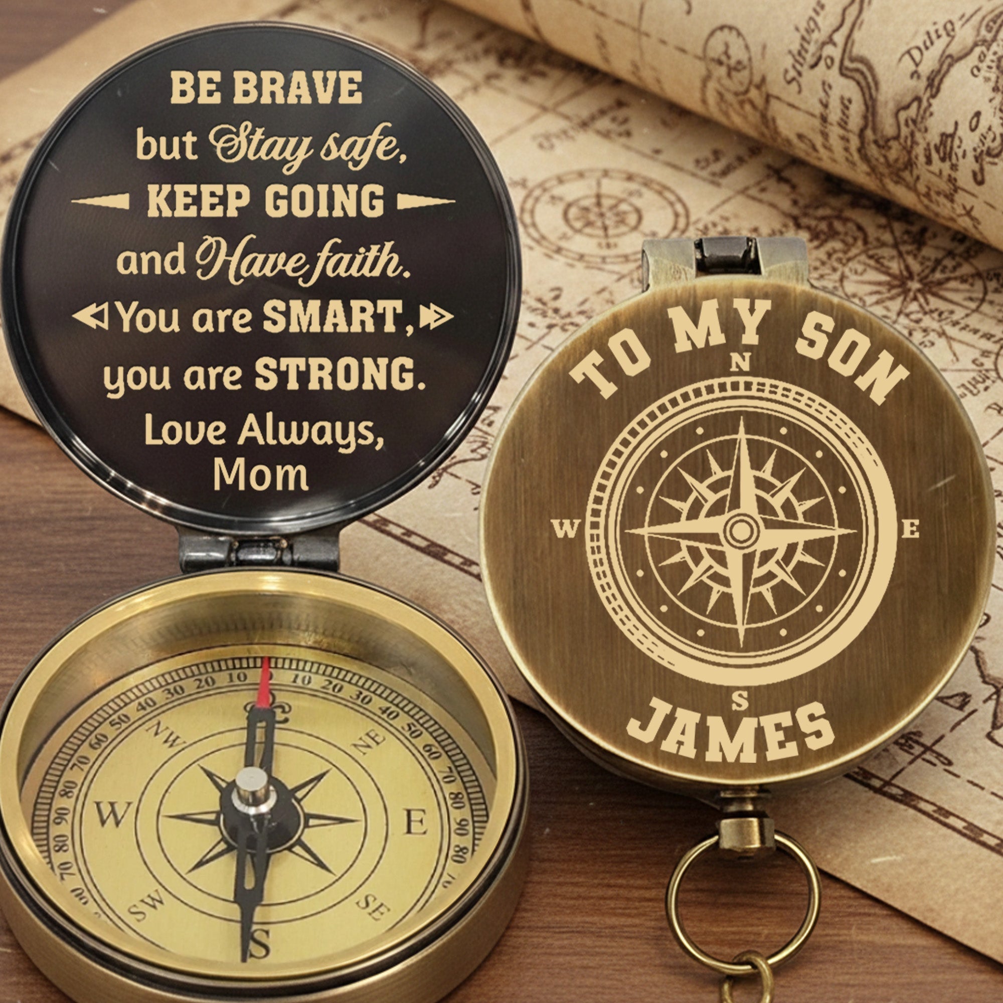 Personalized Engraved Brass Compass Gift for Son - Be Brave