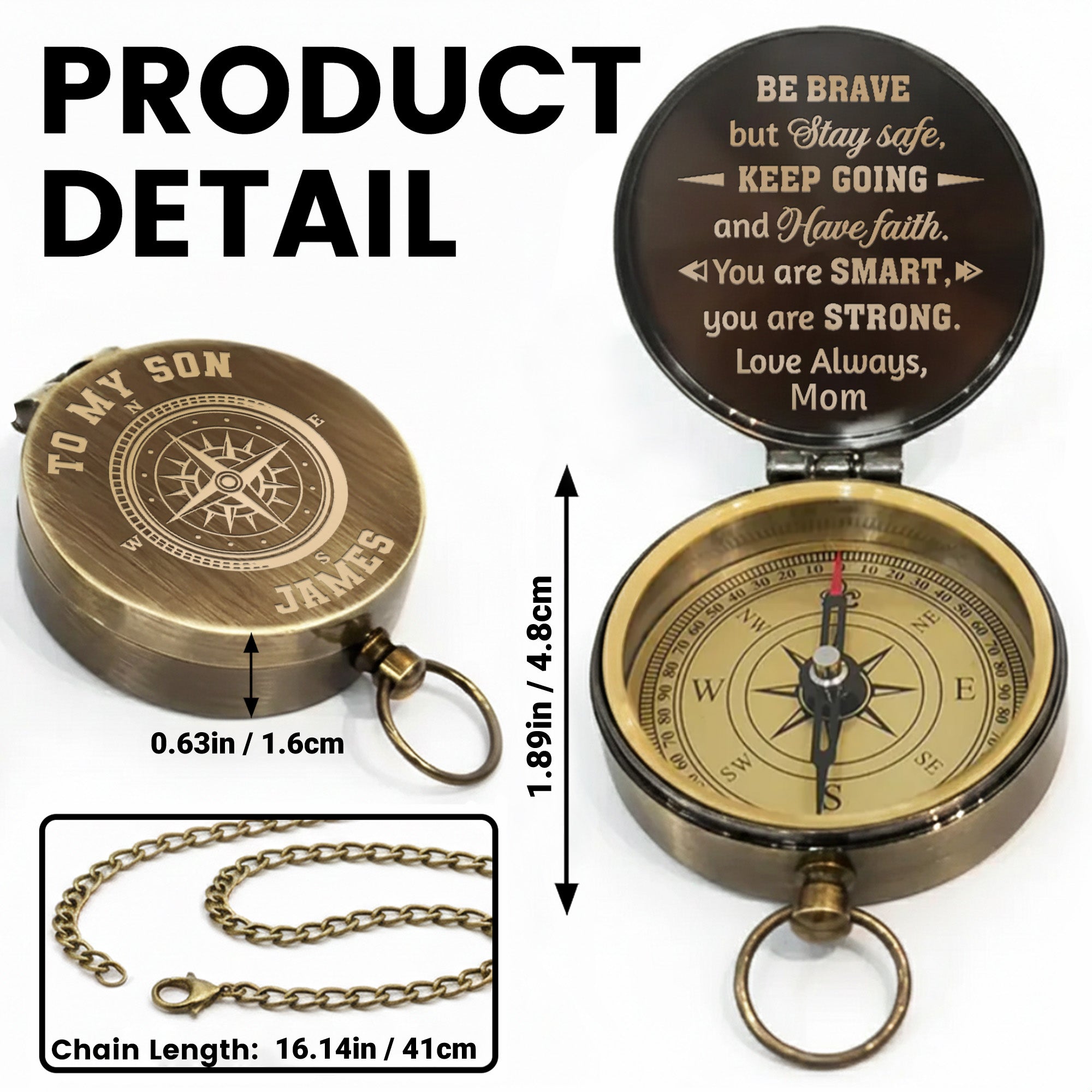 Personalized Engraved Brass Compass Gift for Son - Be Brave