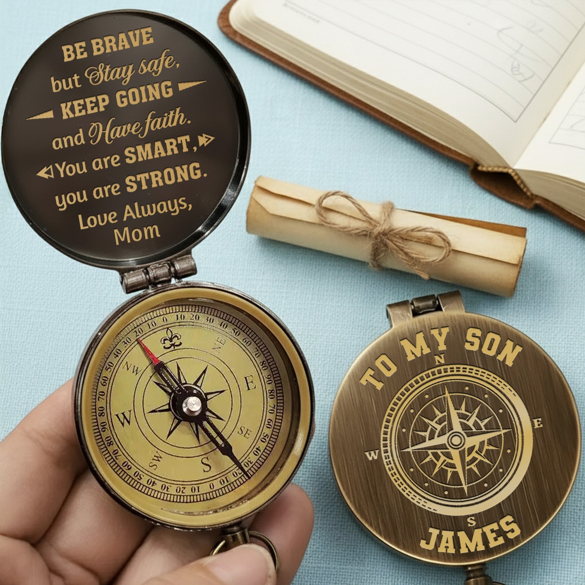 Personalized Engraved Brass Compass Gift for Son - Be Brave