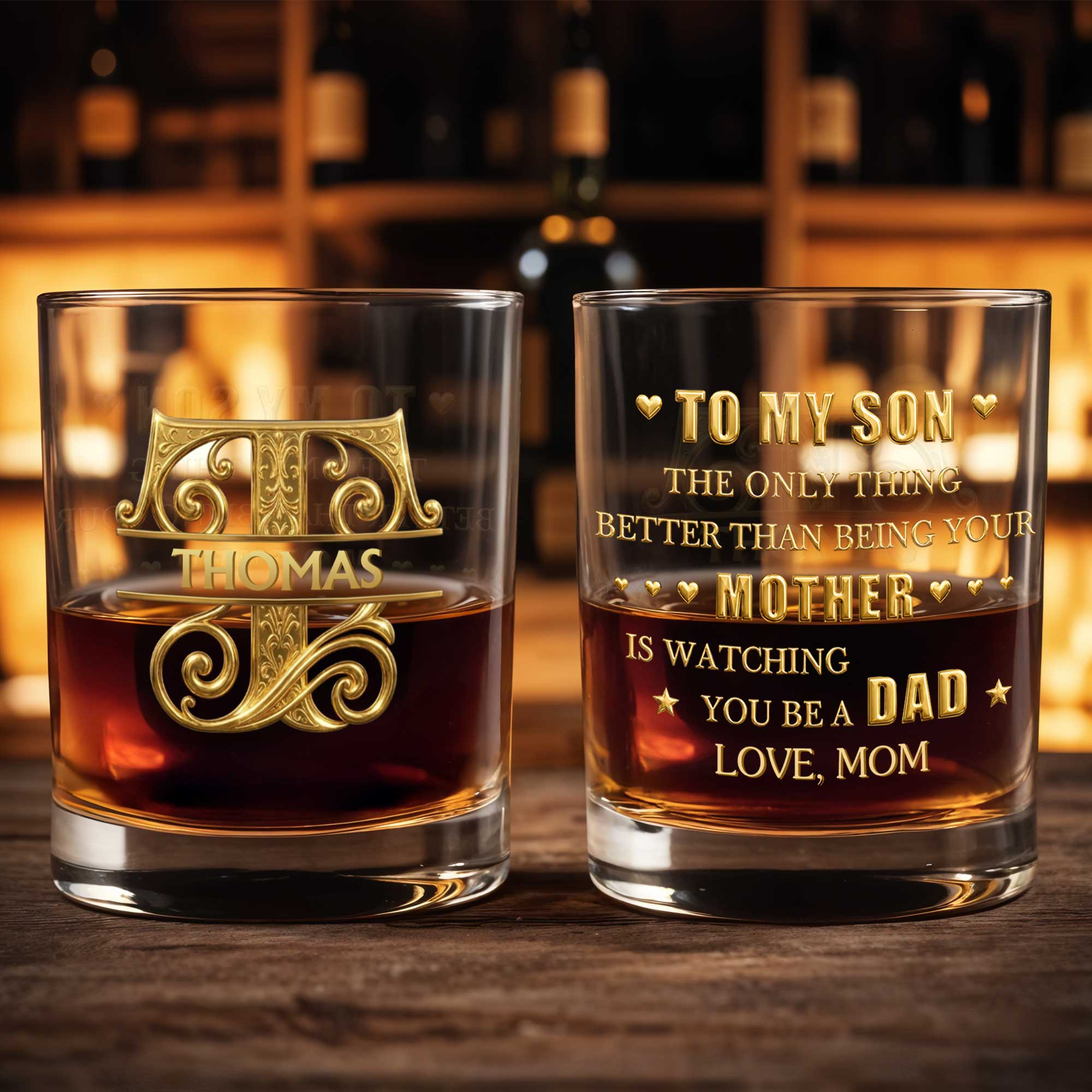 Personalized Custom Whiskey Glass Gift for Son - 3D Gold Monogram