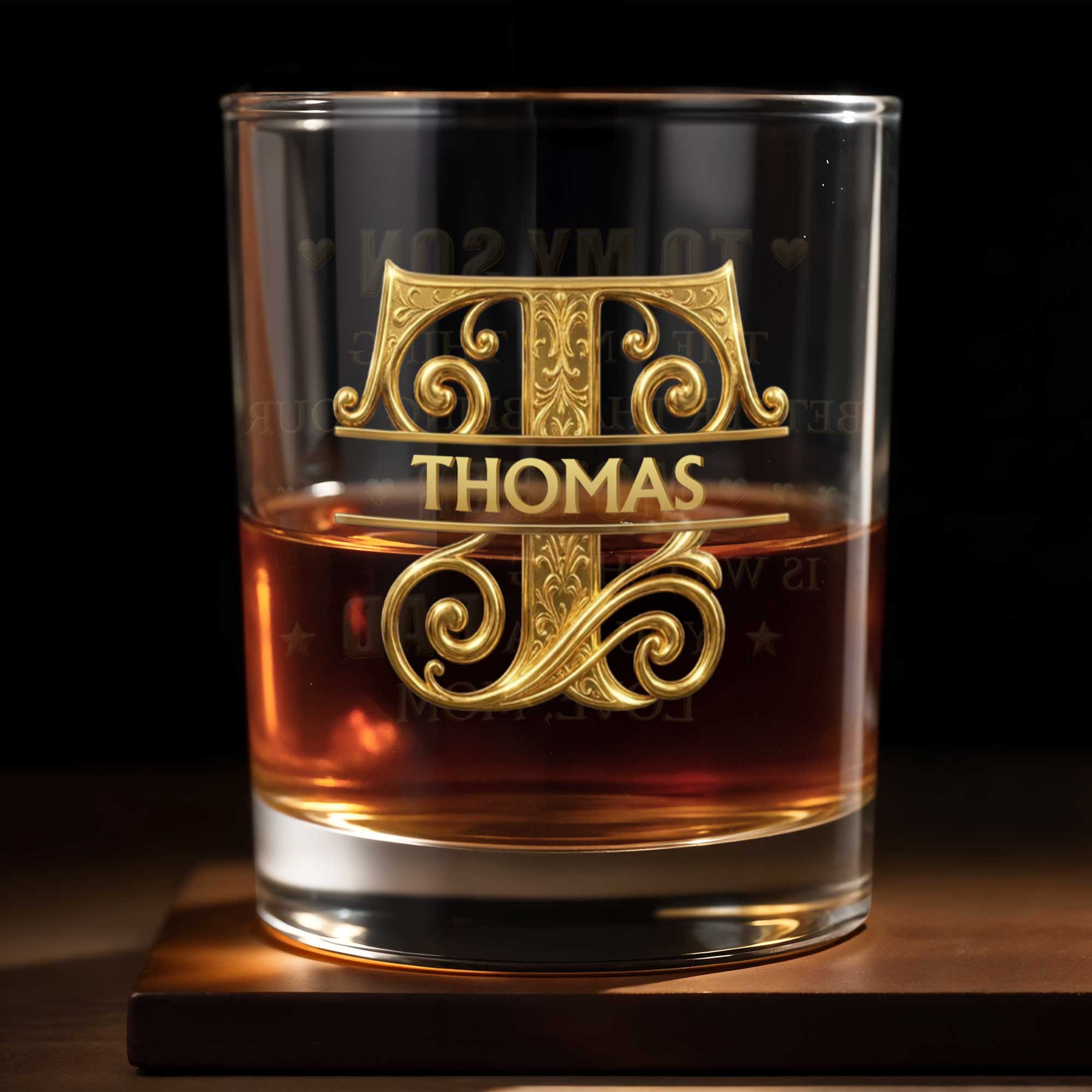 Personalized Custom Whiskey Glass Gift for Son - 3D Gold Monogram