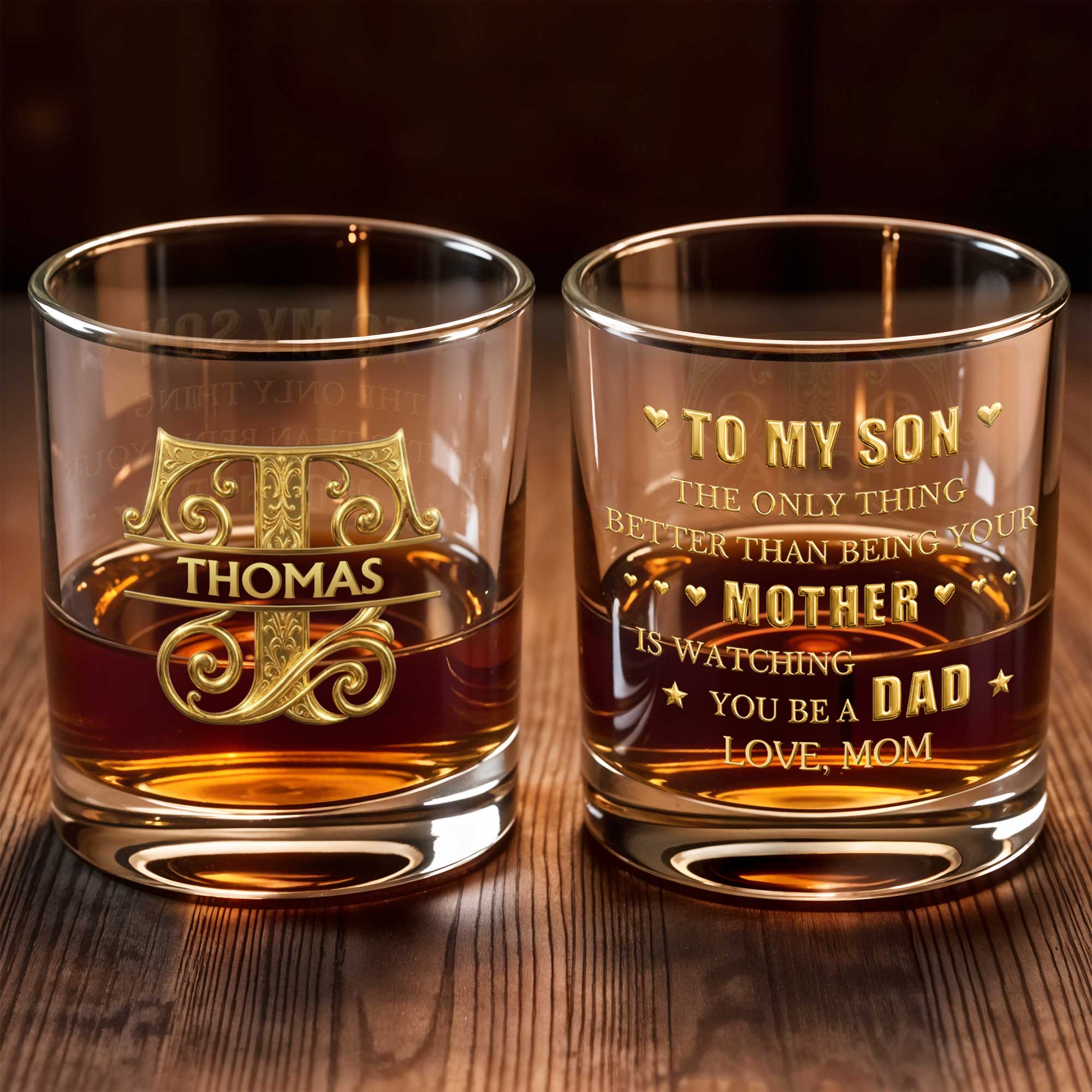 Personalized Custom Whiskey Glass Gift for Son - 3D Gold Monogram
